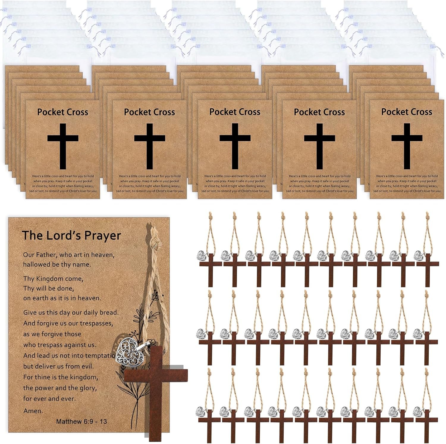 Bulk 30 Pocket Cross Cards Christian Gifts, Wooden Pocket Cross Charm Christian Religious Gifts Small Faith Based Comfort Baptism Gift Inspirational Gifts for Women Men(Hollow Out Heart)