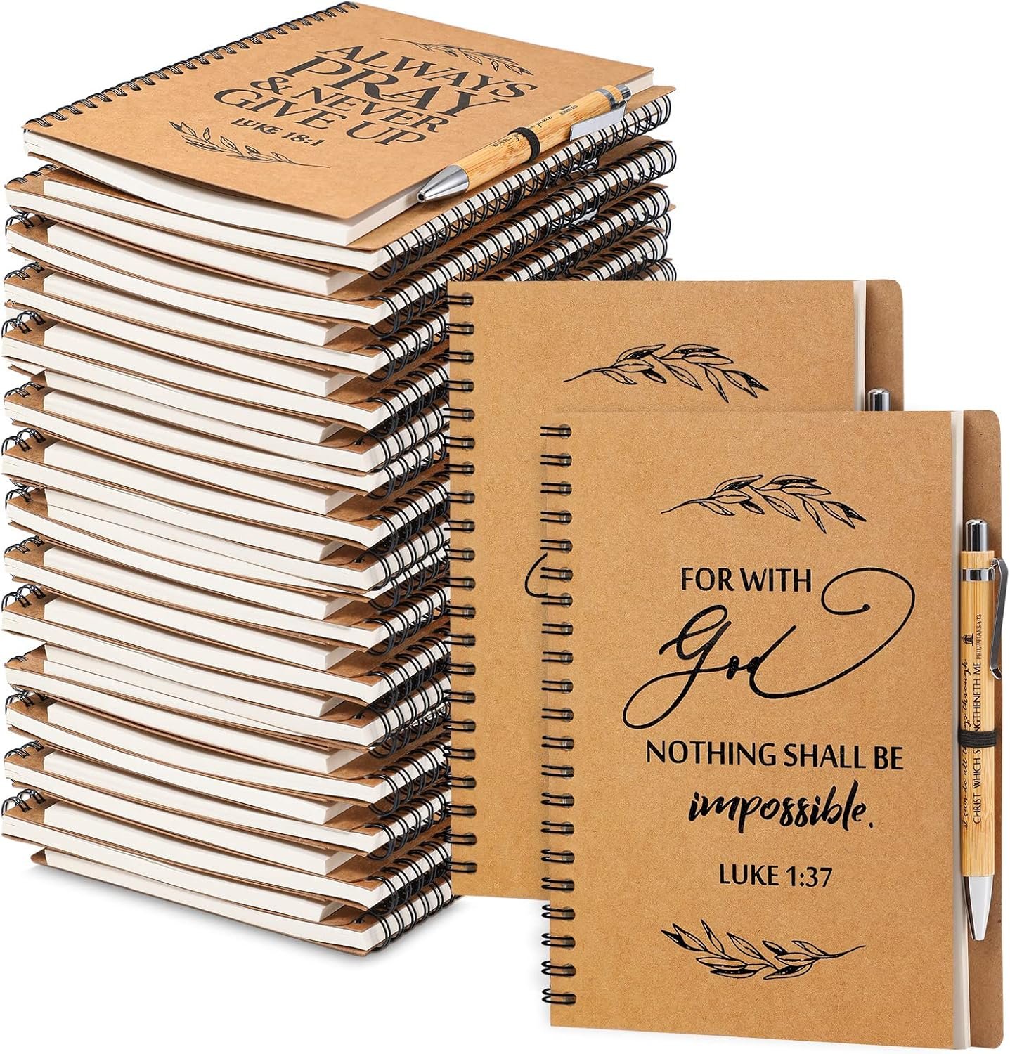 Kosiz 20 Pcs/ 10 Set Mother’s Day Christian Gift Bulk A5 Spiral Notebook 5.5″x8.3″ Christian Prayer Journal Bible Ballpoint Pen Fathers Day Religious Gift for Women Sunday School Church Member (Brown)