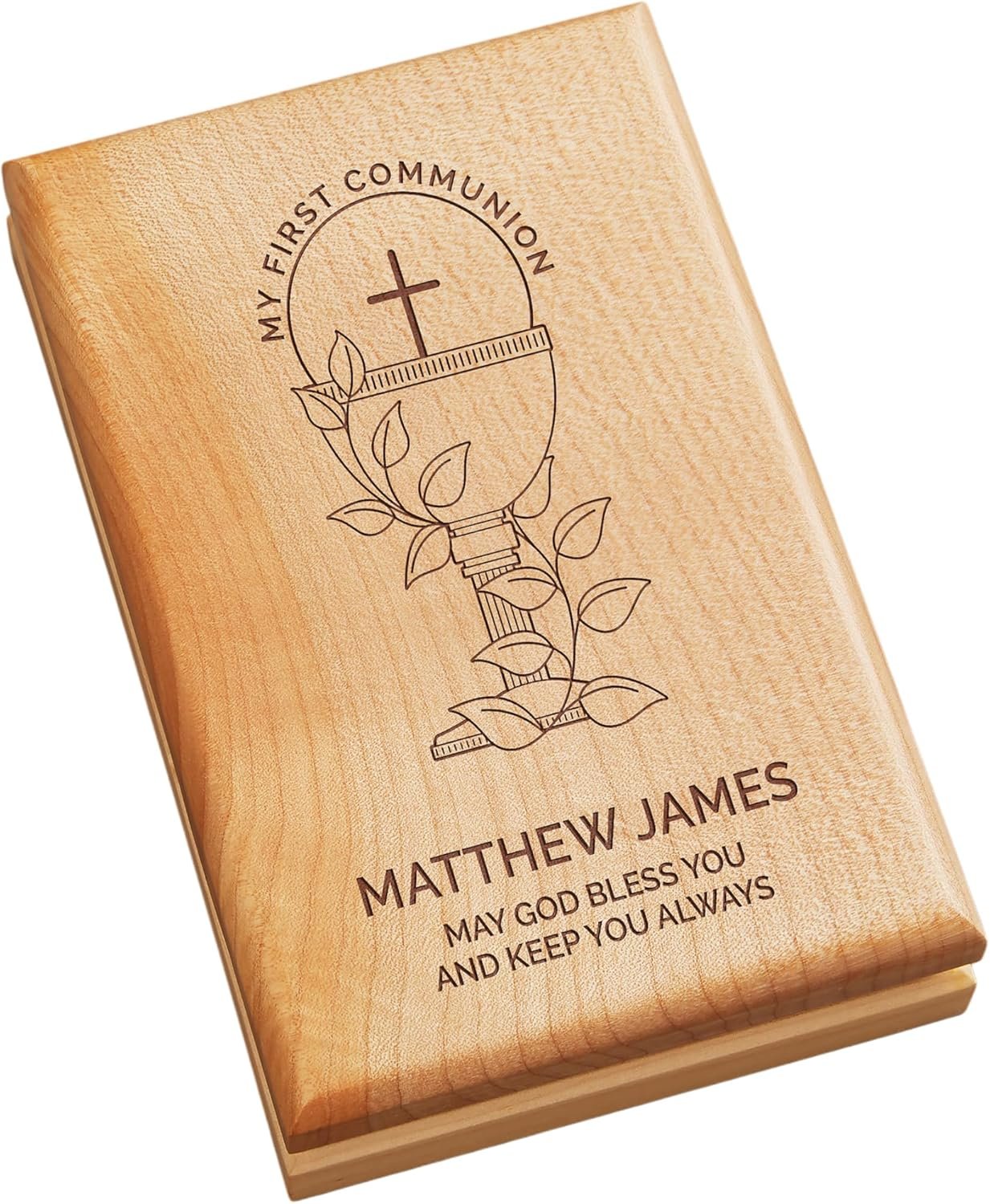 Personalization Universe First Communion Icons Personalized Valet Box- Customizable Jewelry or Trinket Box with Cross Icon, Felt-Lined Storage for Rosary Beads and Keepsakes, 1st Communion Gift