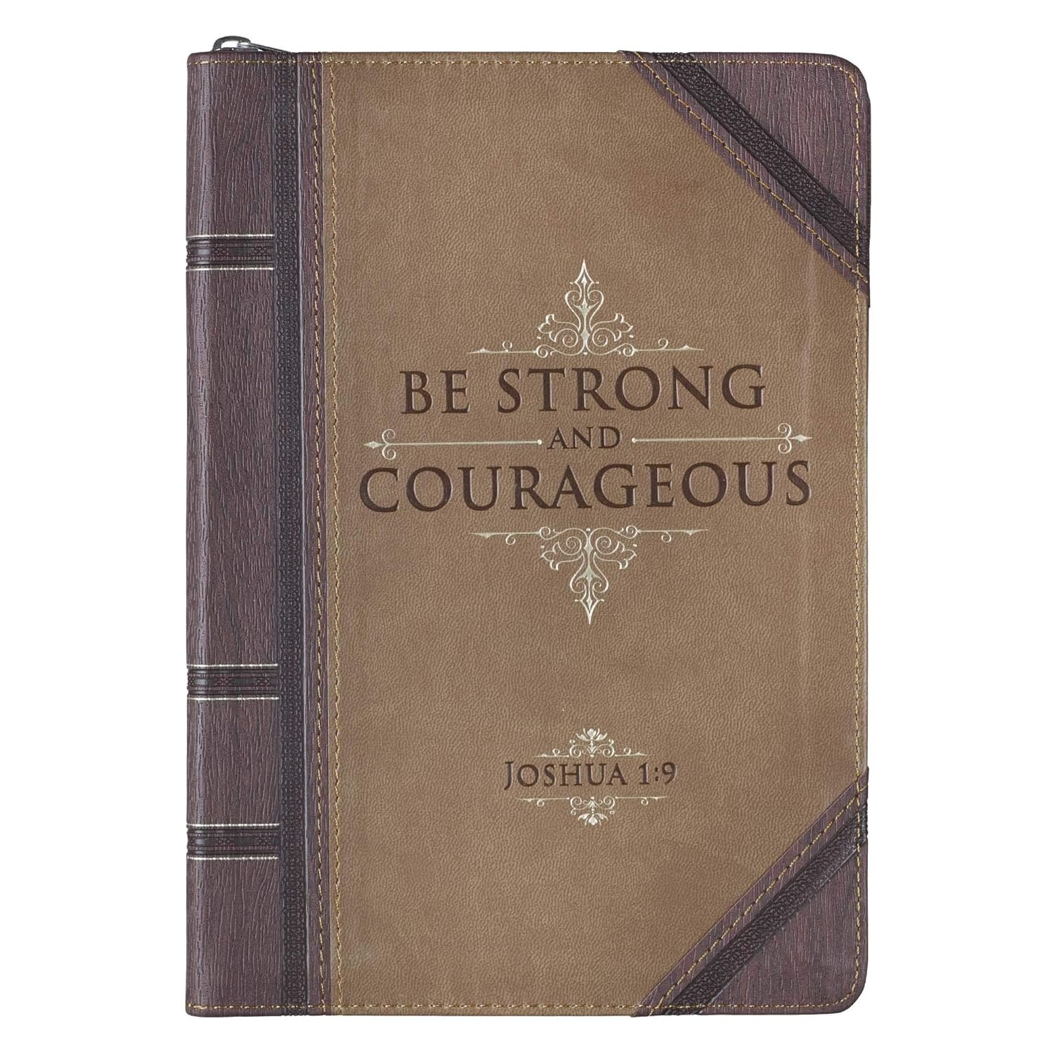 Christian Art Gifts Brown Vegan Leather Zipped Journal, Inspirational Men’s Notebook Be Strong Scripture, Flexible Cover, 336 Ruled Pages, Ribbon Bookmark, Joshua 1:9 Bible Verse