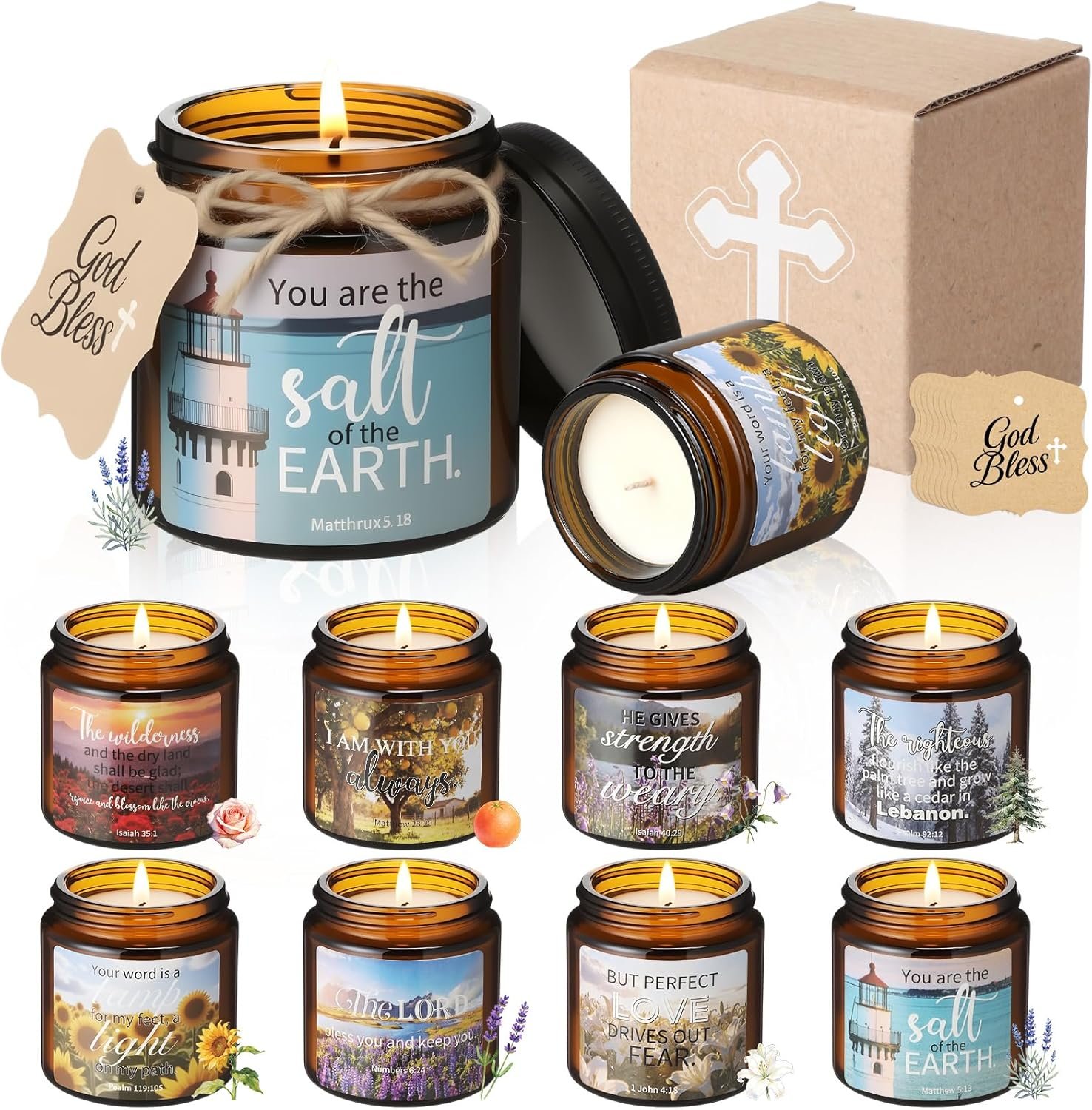 Lounsweer 8 Pcs Christian Gifts for Women 4oz Religious Jar Scented Candles with Scenery Bible Verses Stickers and God Bless Cards Box Inspirational Gifts for Church Coworkers Employees Teachers