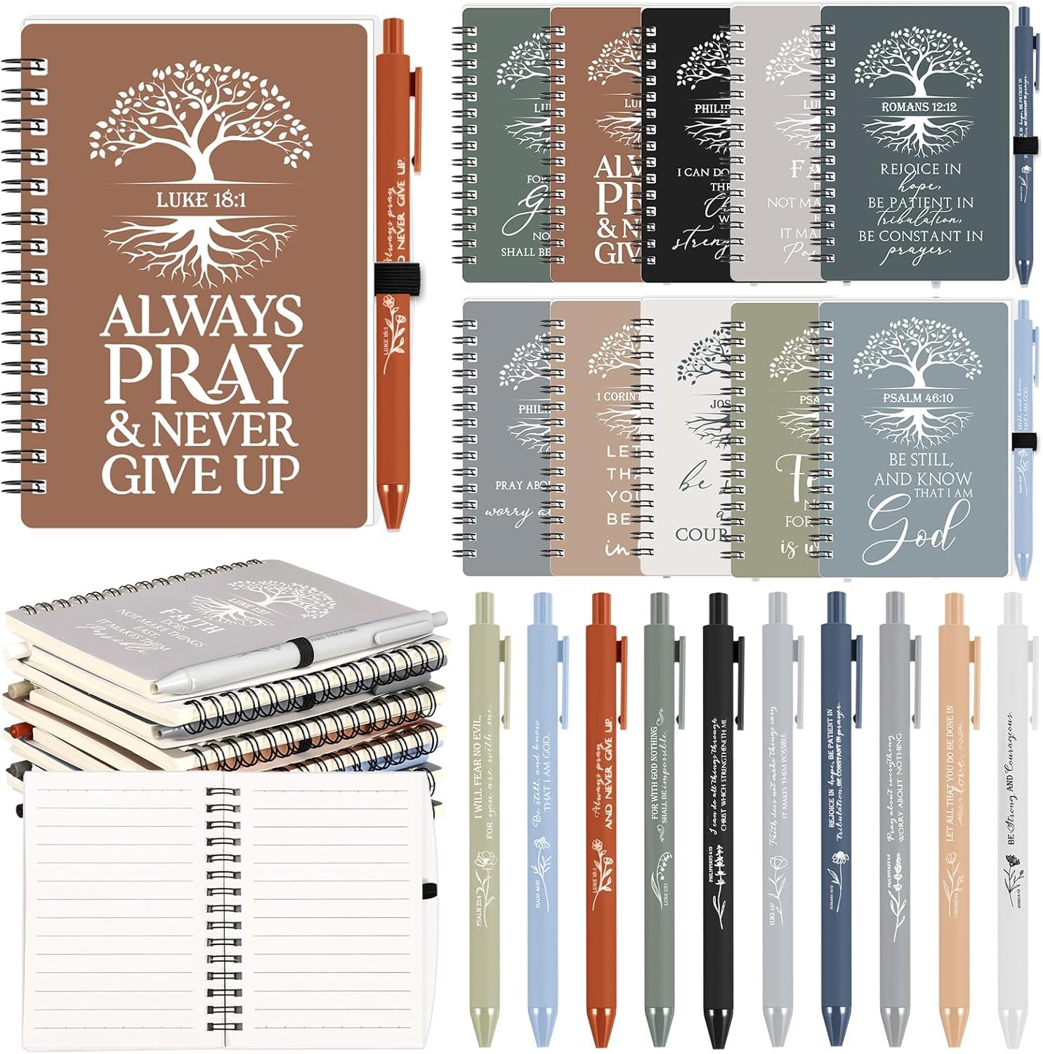 Kosiz 20 Pcs Mothers Day Christian Gift Bulk for Women, Motivational Church Prayer Journal Bible Verse A6 Spiral Notebook with Ballpoint Tree of Life Religious Gift for Men Teacher (Boho Color)