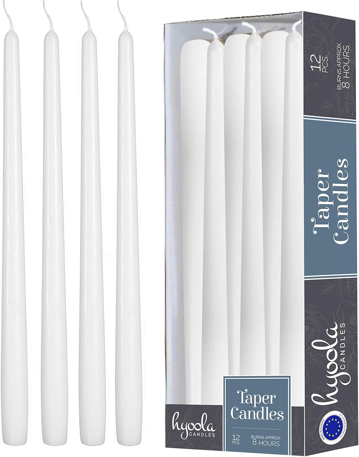 Hyoola 12 Pack Tall Taper Candles – 10 Inch White Dripless, Unscented Dinner Candle – Paraffin Wax with Cotton Wicks – 8 Hour Burn Time