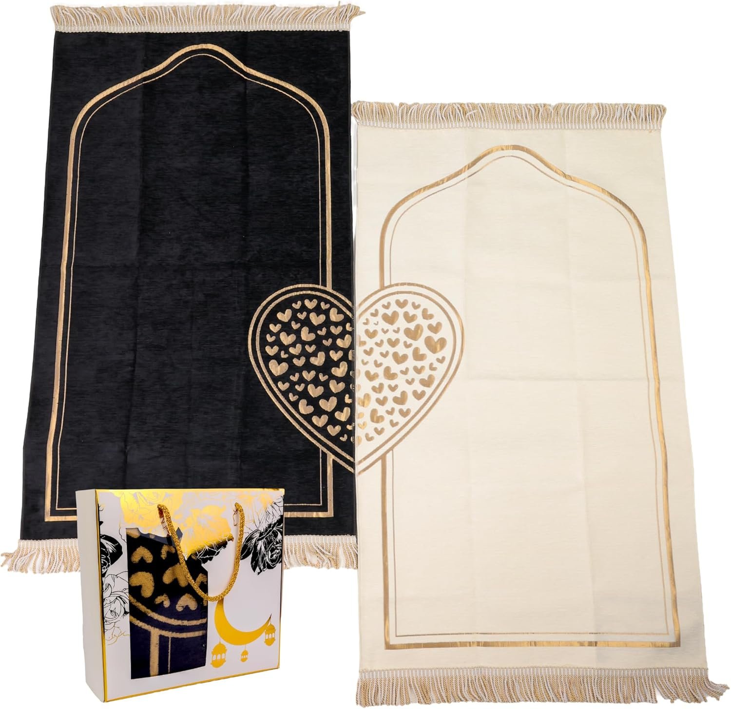 Muslim Prayer Rug for Couples, Soft Prayer Mat Set for Men & Women, White-Black Heart Pattern with Prayer Beads, Islamic Gifts for Ramadan Eid, Two Pieces, White-Black Heart Patterned
