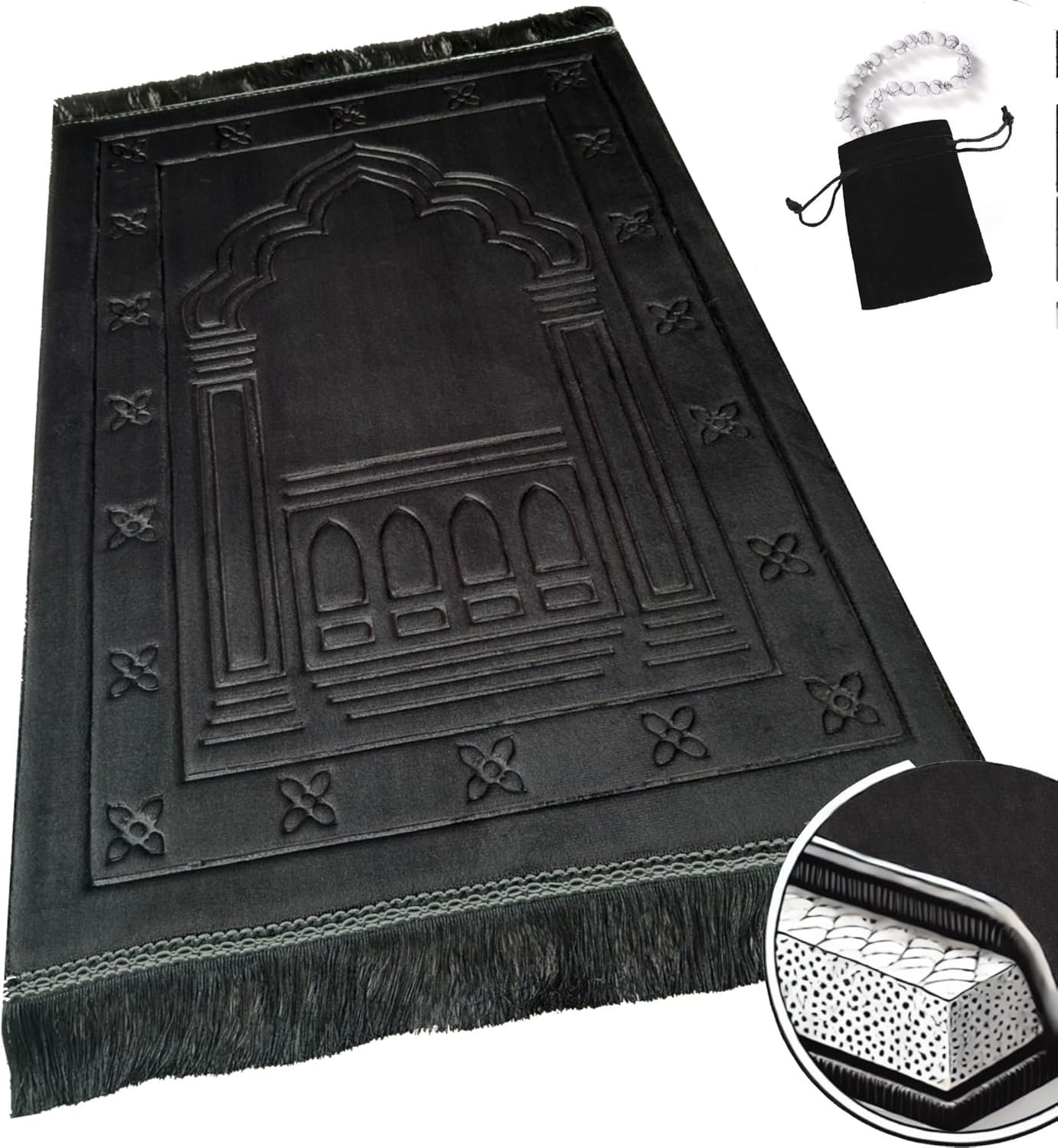 Islamika Orthopedic Prayer Rug Memory Foam Muslim Prayer mat – Padded Very Thick Prayer Rug Sajadah for Men Women for Eid Travel Ramadan, Soft and Luxury (Black) (Black)