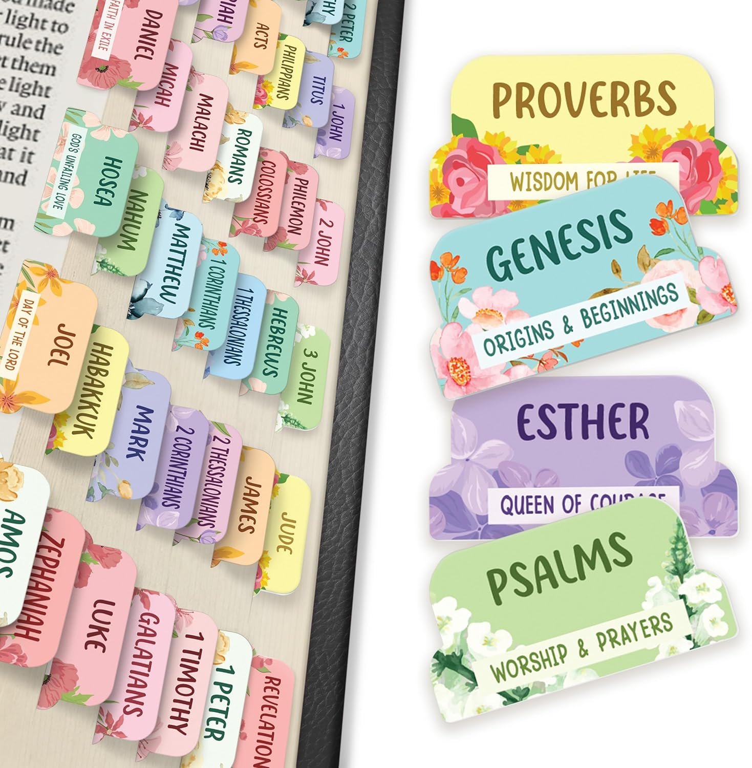 Premium Series – 66 Christian Bible Chapter Tabs, 3 Bookmarks, and Stickers – Exquisite Floral Design – Large Print Bible Tabs for Women and Men, Easter Gifts