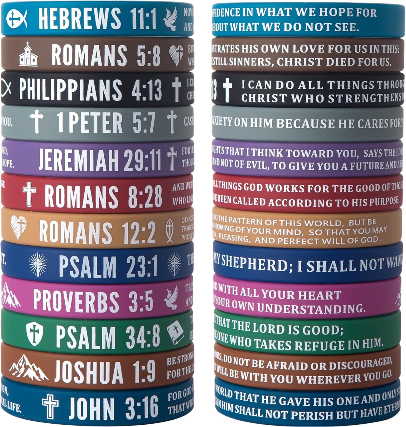 QEERBSIN (24-Pack Christian Bible Verses Silicone Bracelets – Bulk Scripture Silicone Wristbands – Religious Gifts Rubber Wristbands for Men, Women – Strength Faith Hope Belief Love