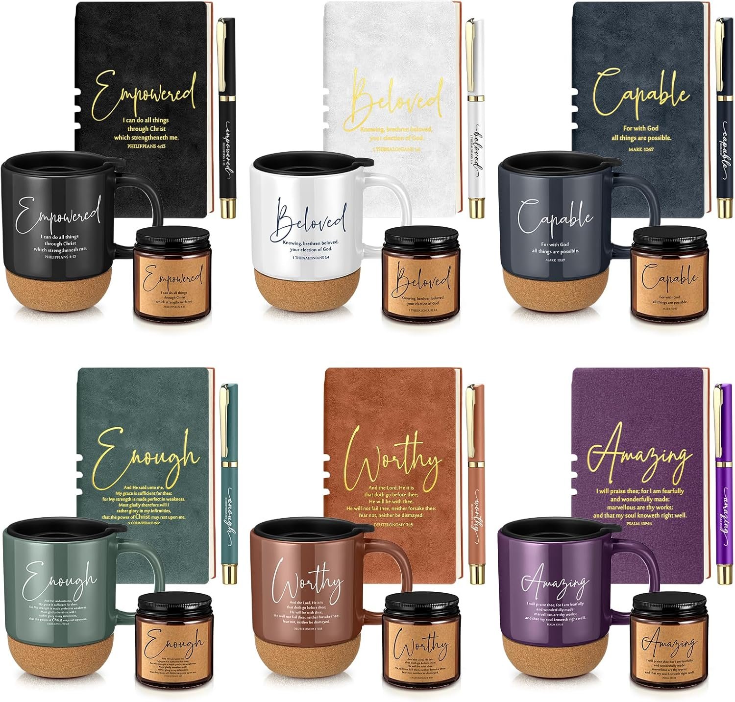 FillTouch 6 Set Christian Gifts for Fathers Day 15 oz Ceramic Bible Verses Coffee Mug A6 Leather Journal with Pen and Scented Candle Religious Graduation Gift for Vbs Women Men Church(Classic Color)