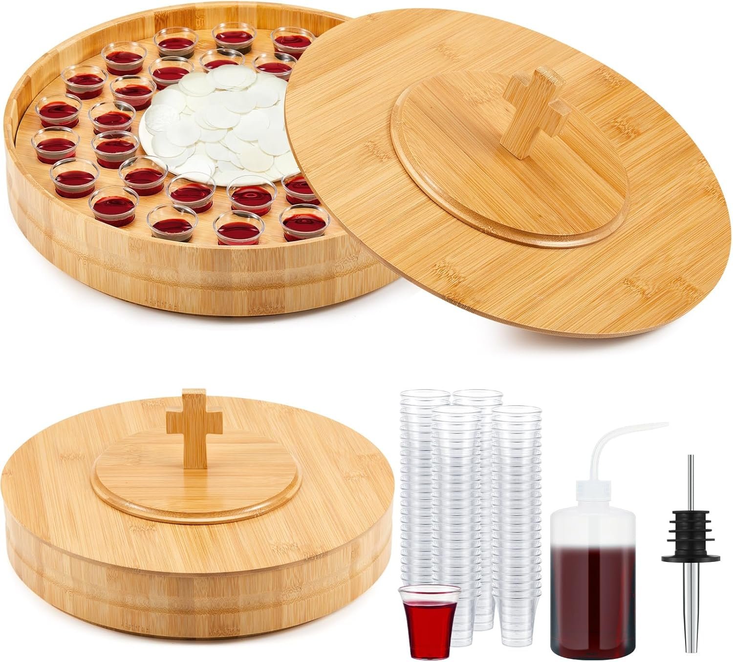 Zhehao 1 Set Wood Communion Set Holy Communion Plate for Churches with Lid Churches Cup Fillers and 100 Disposable Cups (Bamboo)