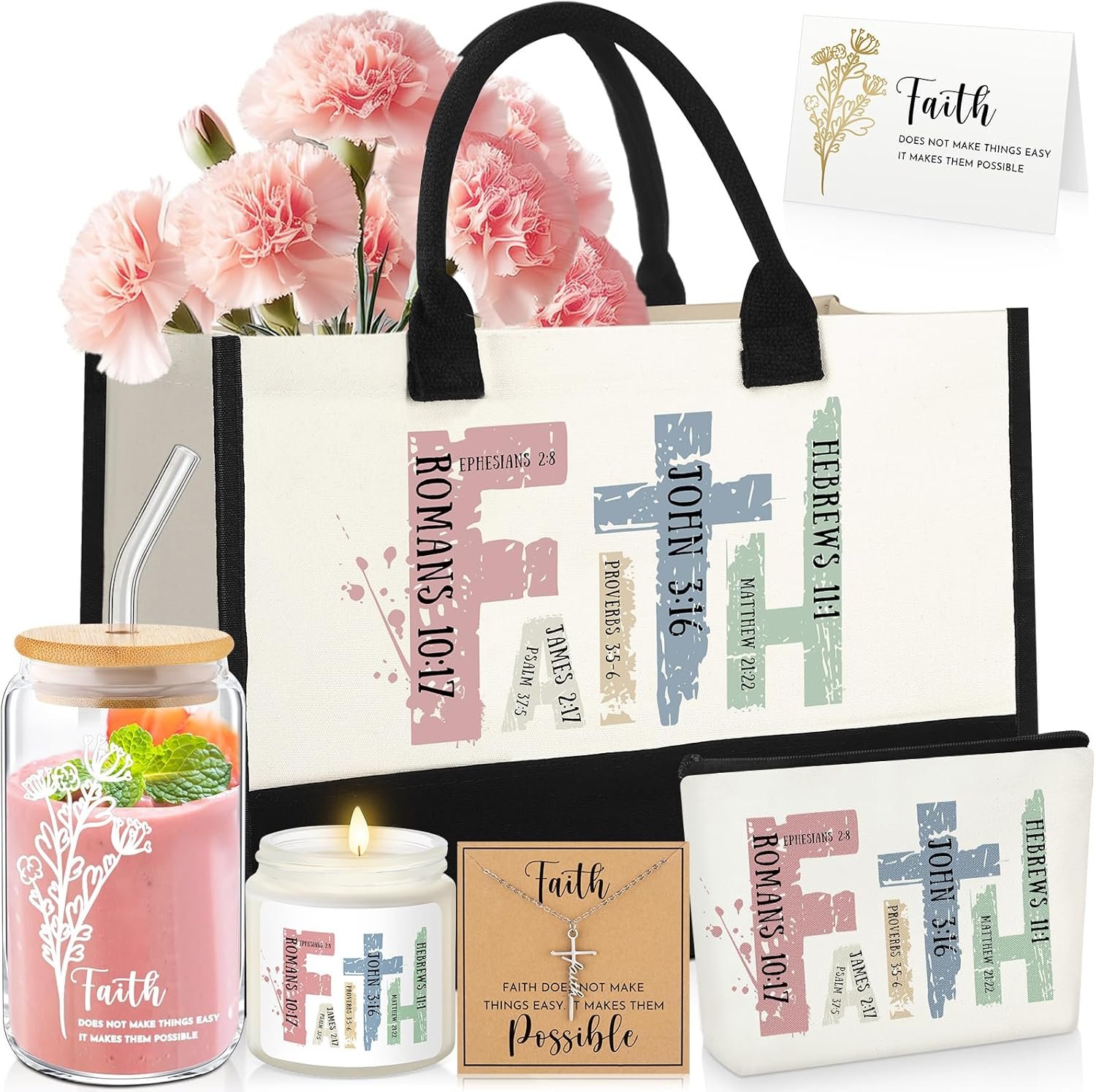6 Pcs Christian Gifts for Women Faith Set Mother’s Day Religious Gift for Women with Tote Bag Makeup Bag Candle Cross Necklace Cup Greeting Card for Church Grad Birthday(Faith,Morandi)
