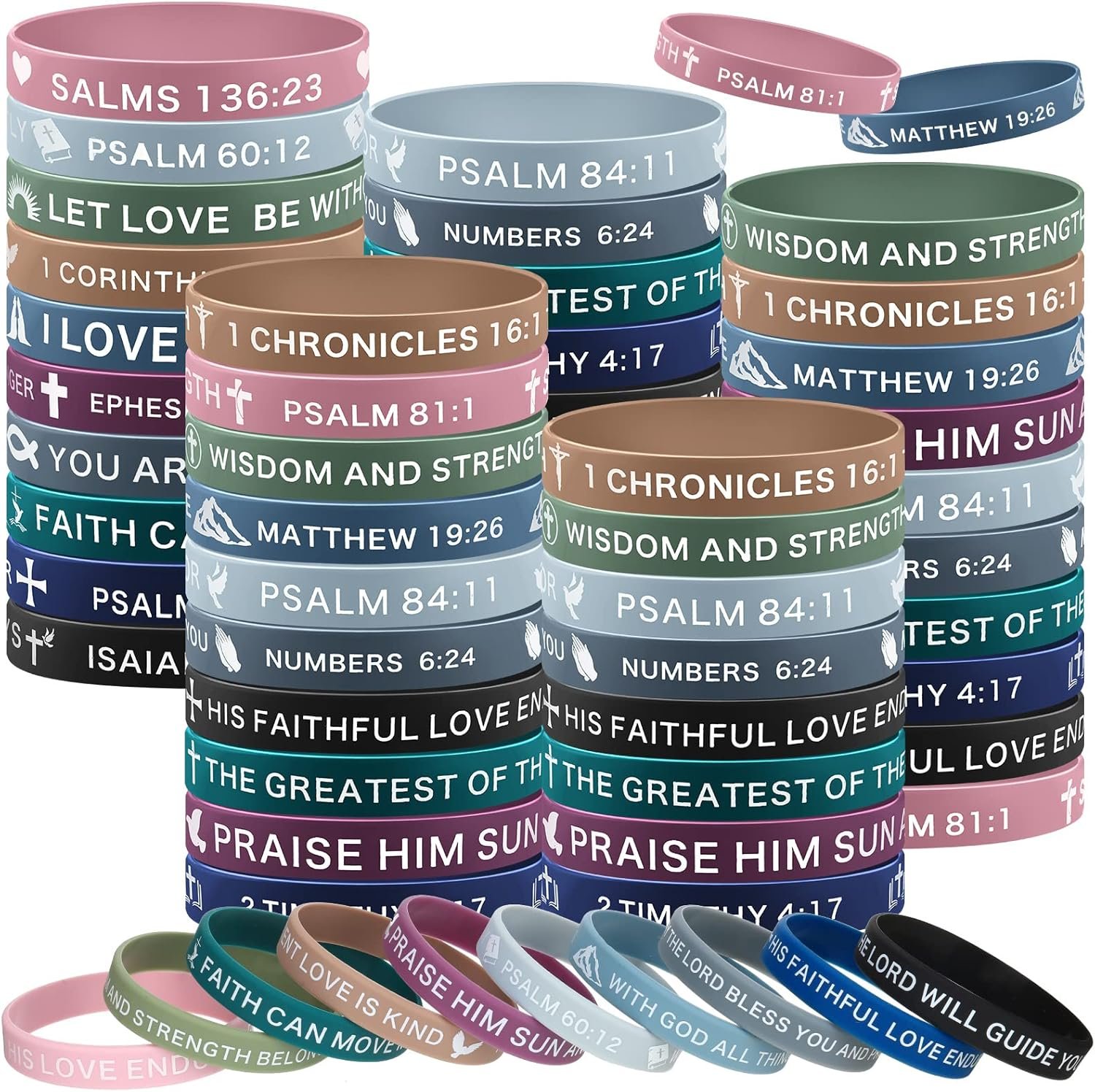 Minatee 60 Pcs Religious Silicone Bracelets Bulk Bible Verse Bracelet Motivational Christian Rubber Bracelets Jesus Wristbands Inspirational Gifts for Men Women(Classic Colors)