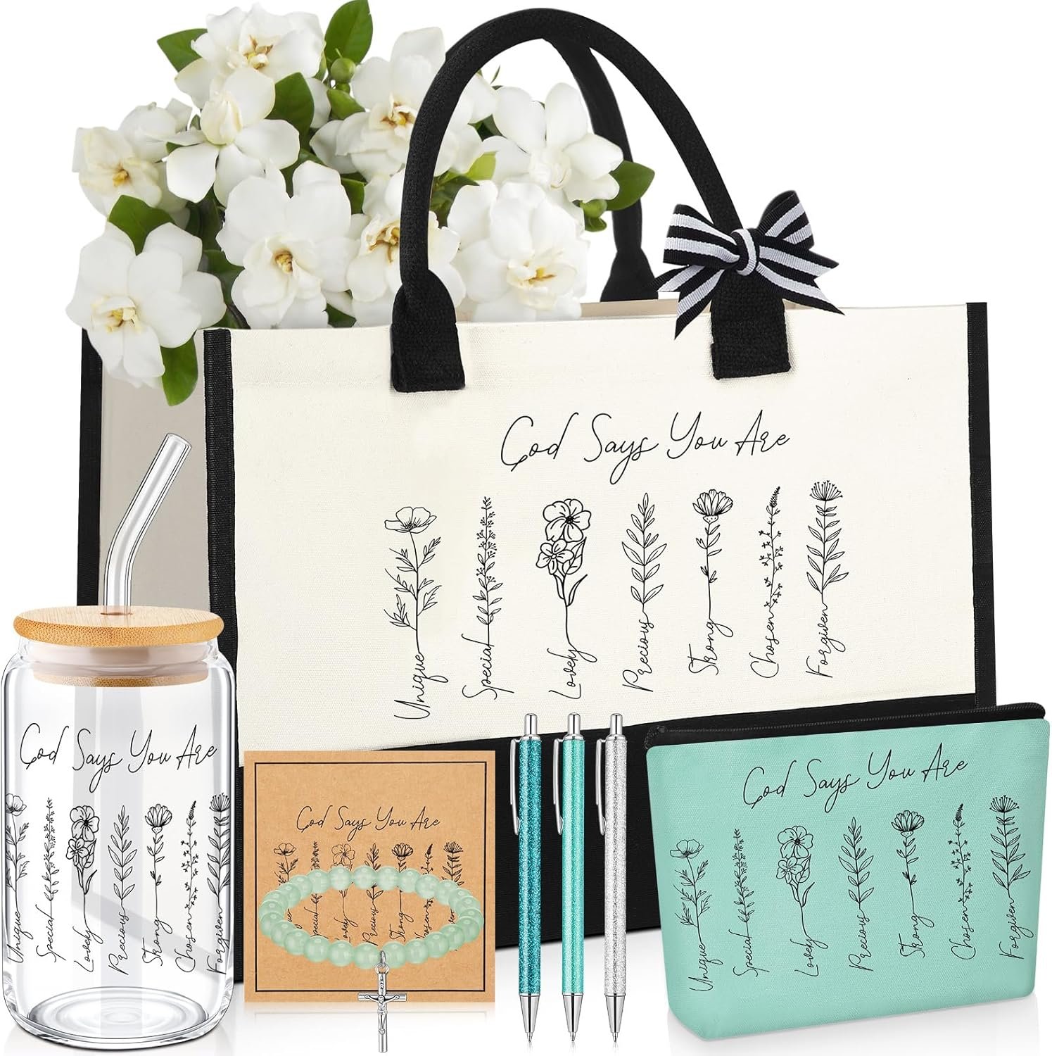 SilTriangle 8 Pcs Christian Gifts for Women Mother’s Day God Says You Are Religious Gifts Faith Spiritual Inspirational Tote Bag Set for Mom Female Sister Birthday Graduation(Sage Green)