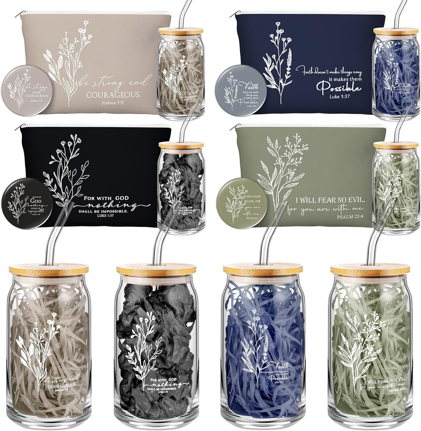 Fumete 4 Sets Christian Gift for Women Mothers Day Church Gift Makeup Bag Flower Bible Verse Coffee Cup with Bamboo Lid Straw Religious Mini Compact Mirror for Sunday School Teacher (Bible-b)