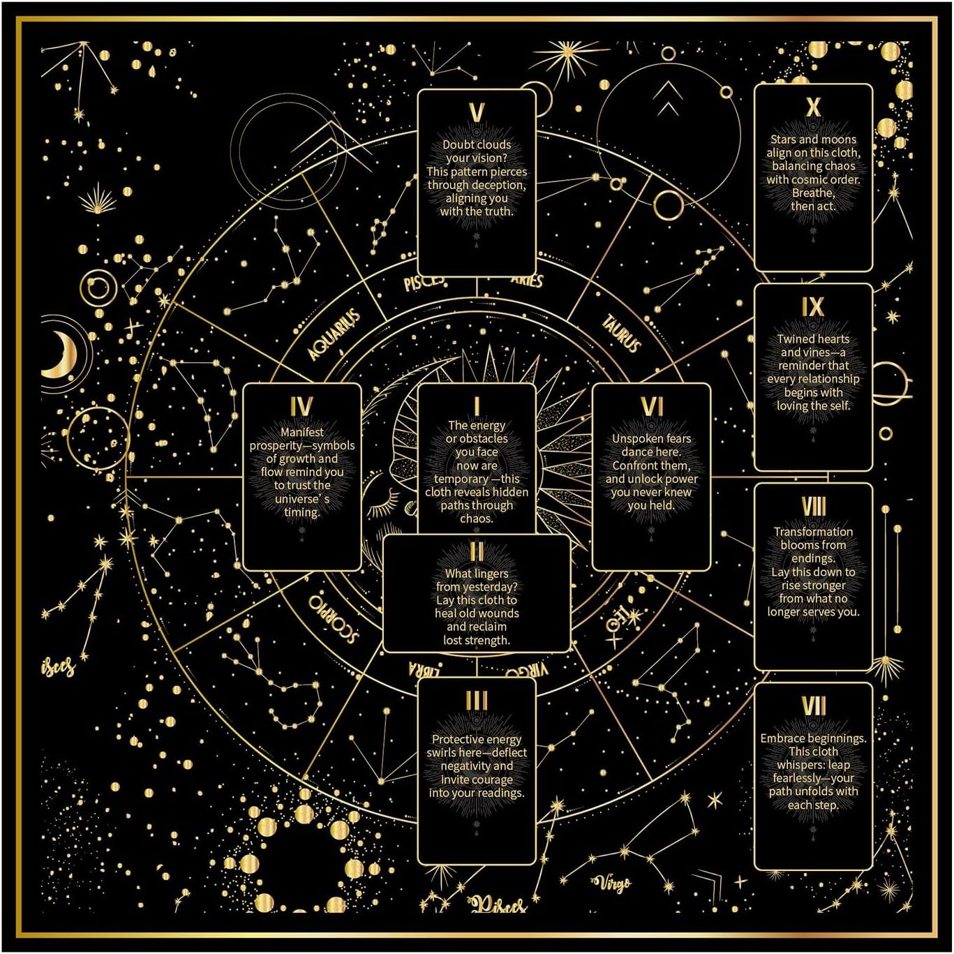 BOXOB Tarot Tablecloth, 24.8×24.8in Altar Cloth Sacred Divination Cloth Double-Sided Prints Tarot Mat for Cards Reading, Witchcraft, Crystals, Spiritual Rituals Supplies (Black & Gold)