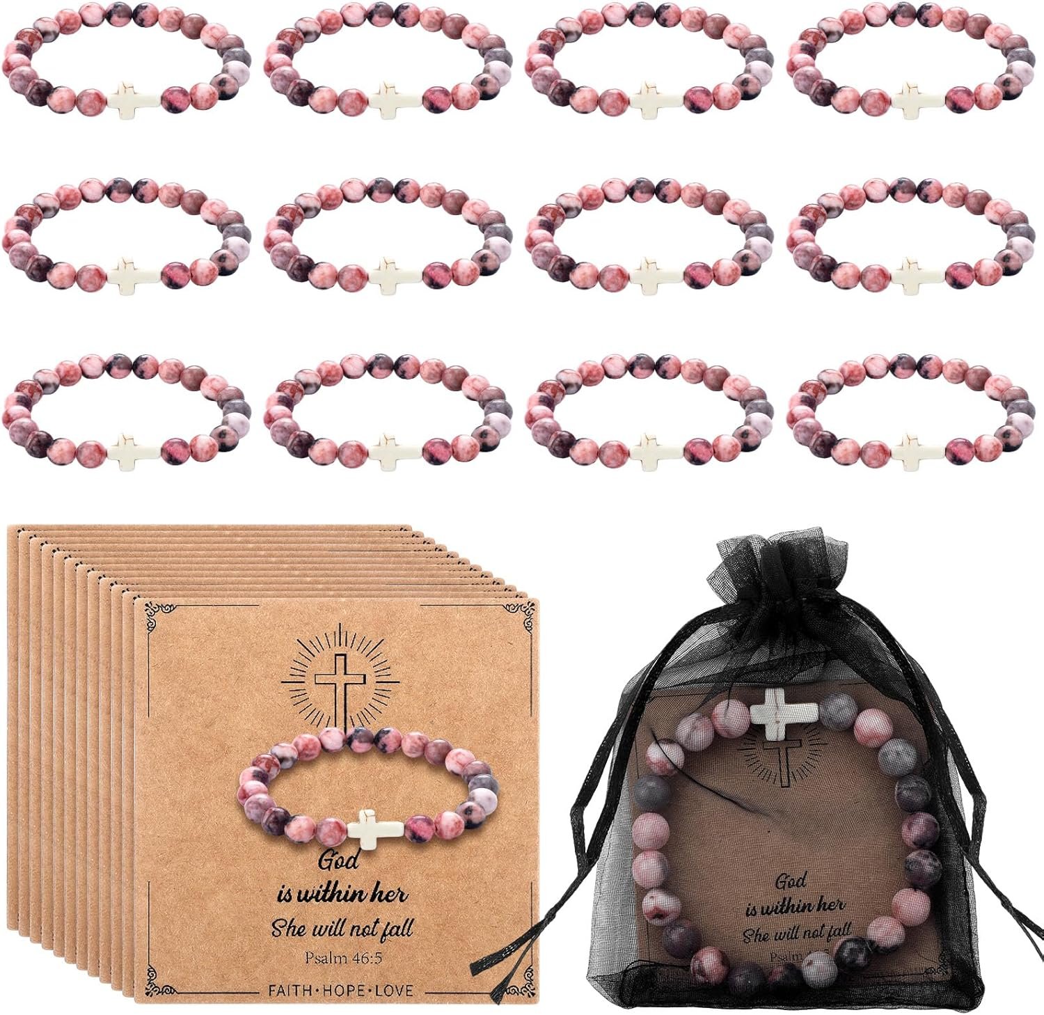 Quelay 12 Set Cross Beaded Bracelets for Women Christian Gifts Religious Cross Elastic Beads Bracelet with Bible Verse Card Mesh Bag Inspirational Baptism Jesus Faith Birthday Gift for Mom Friend