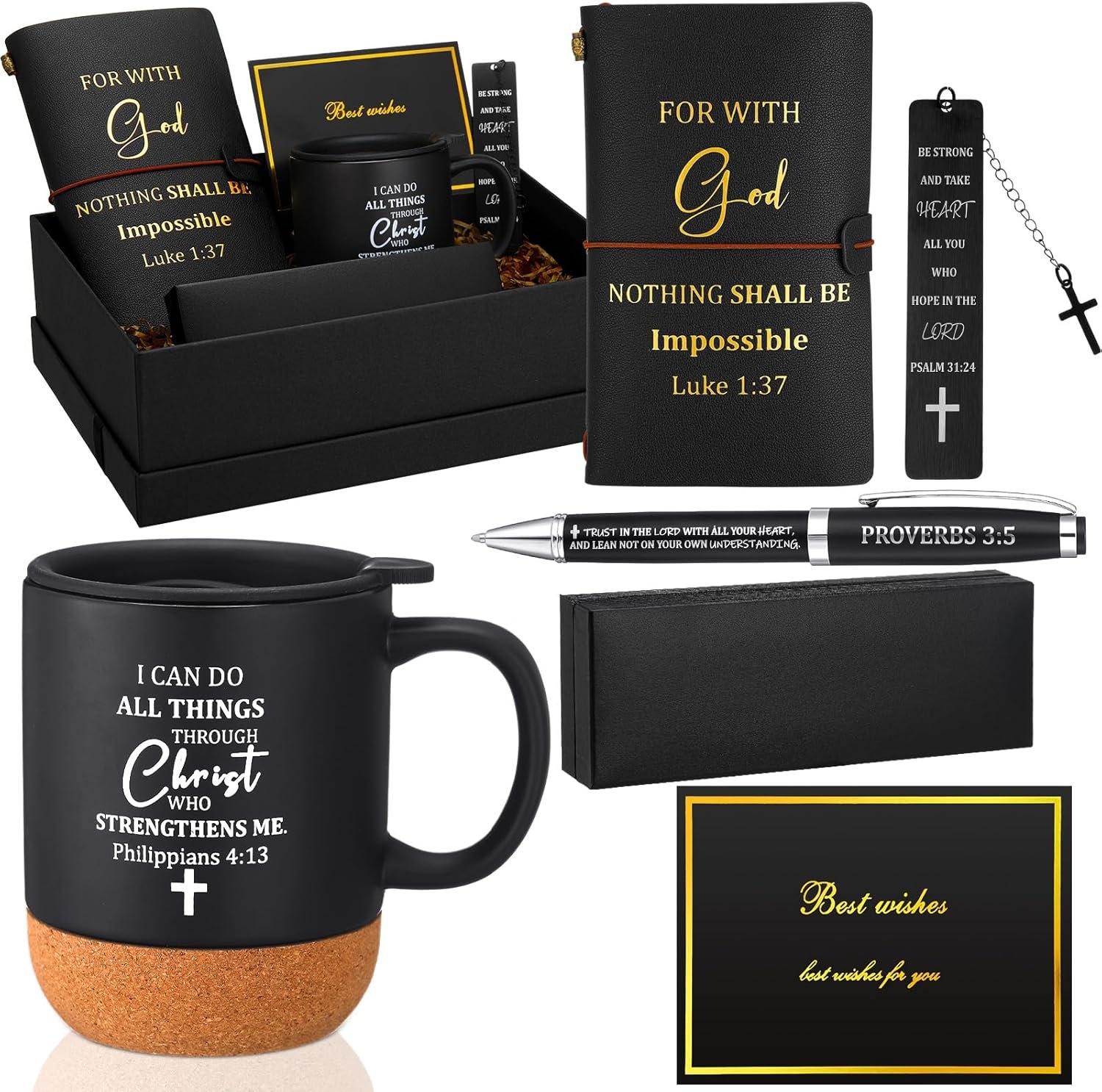 Shellwei 6 Pcs Christian Gift for Men 13.5 oz Mugs with Cork Bottom Leather Bible Notebook Religious Metal Bookmark Pen with Box Greeting Card Birthday Box Gift for Father Men Church(Black)