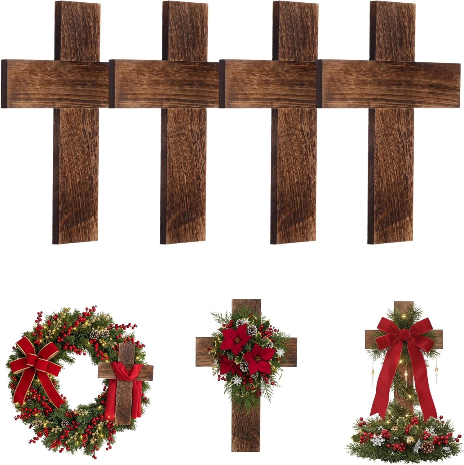 Geelin 4 Pcs Large Wall Wooden Cross Decor 16×11 Inch Hanging Cross Handmade Antique Religious Wooden Craft Home Decoration Retro Wall Decor for First Communion Living Room Church Home Room(Brown)