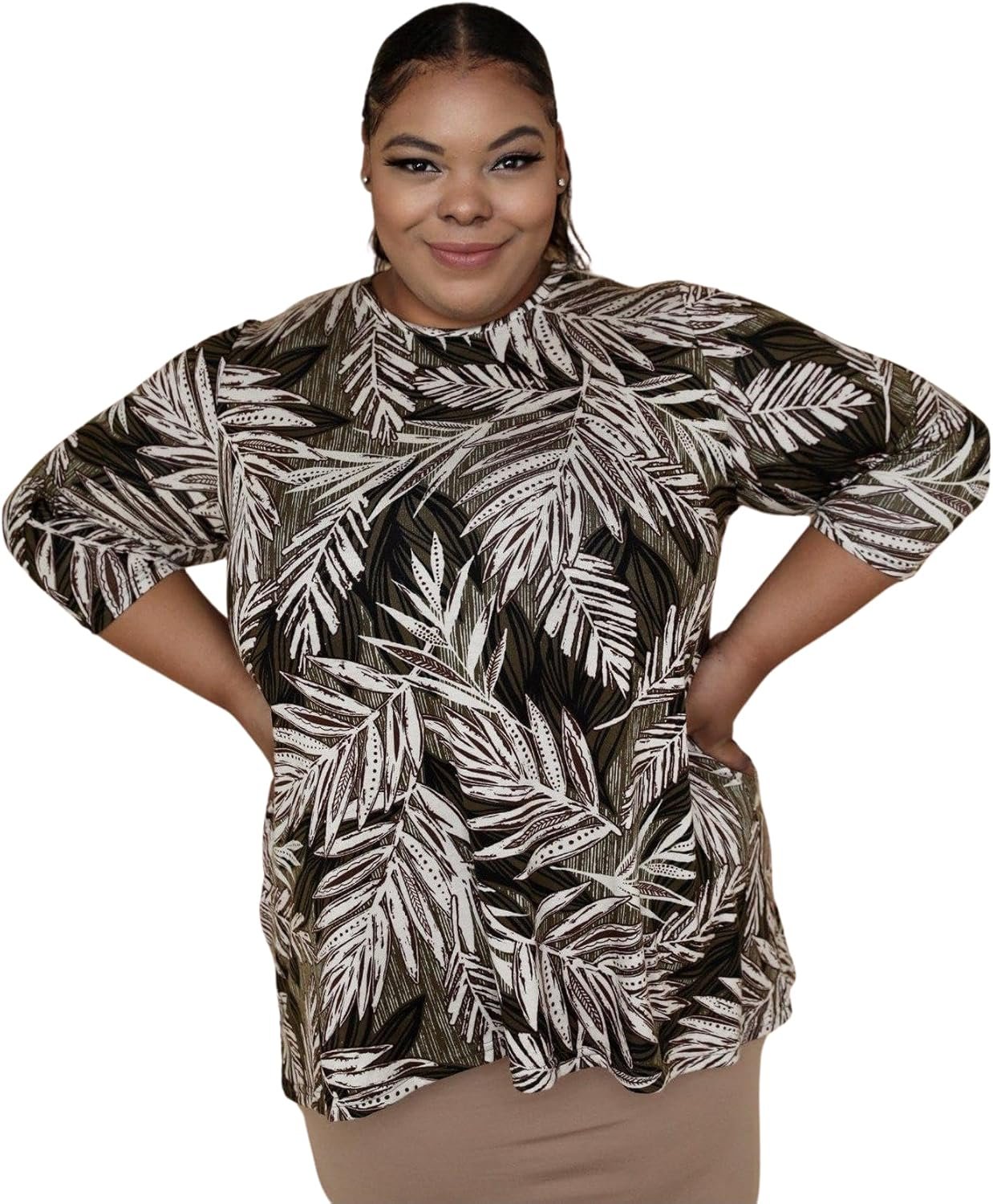Women’s Crew Neck Modest Print Top, XS-3XL, 3/4 Long Sleeve Shirt, Plus Size, Tznius High-Low Tunic, Casual Tops -Jade LA