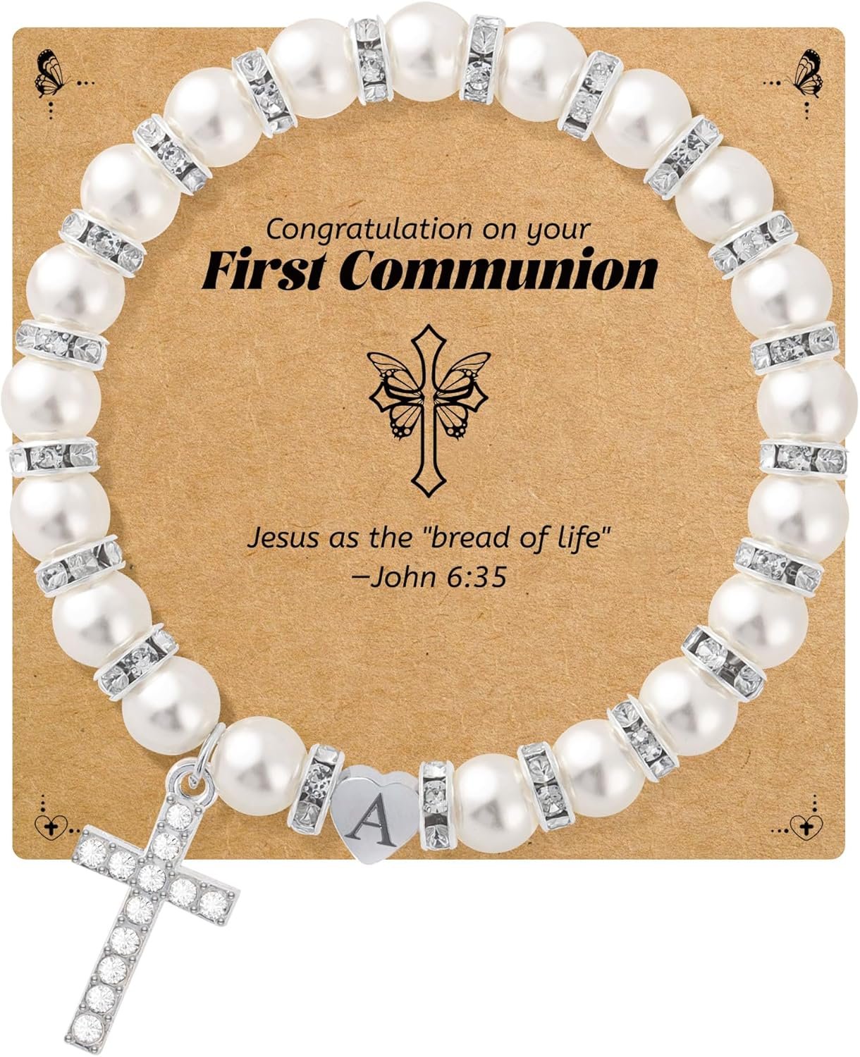 BAYLAY First Communion Gifts for Girls, Cross Bracelet for Teen Girl First Communion Bracelet for Girls Pearl Letter Initial Charm Bracelet First Holy Communion Gifts for Girl Catholic
