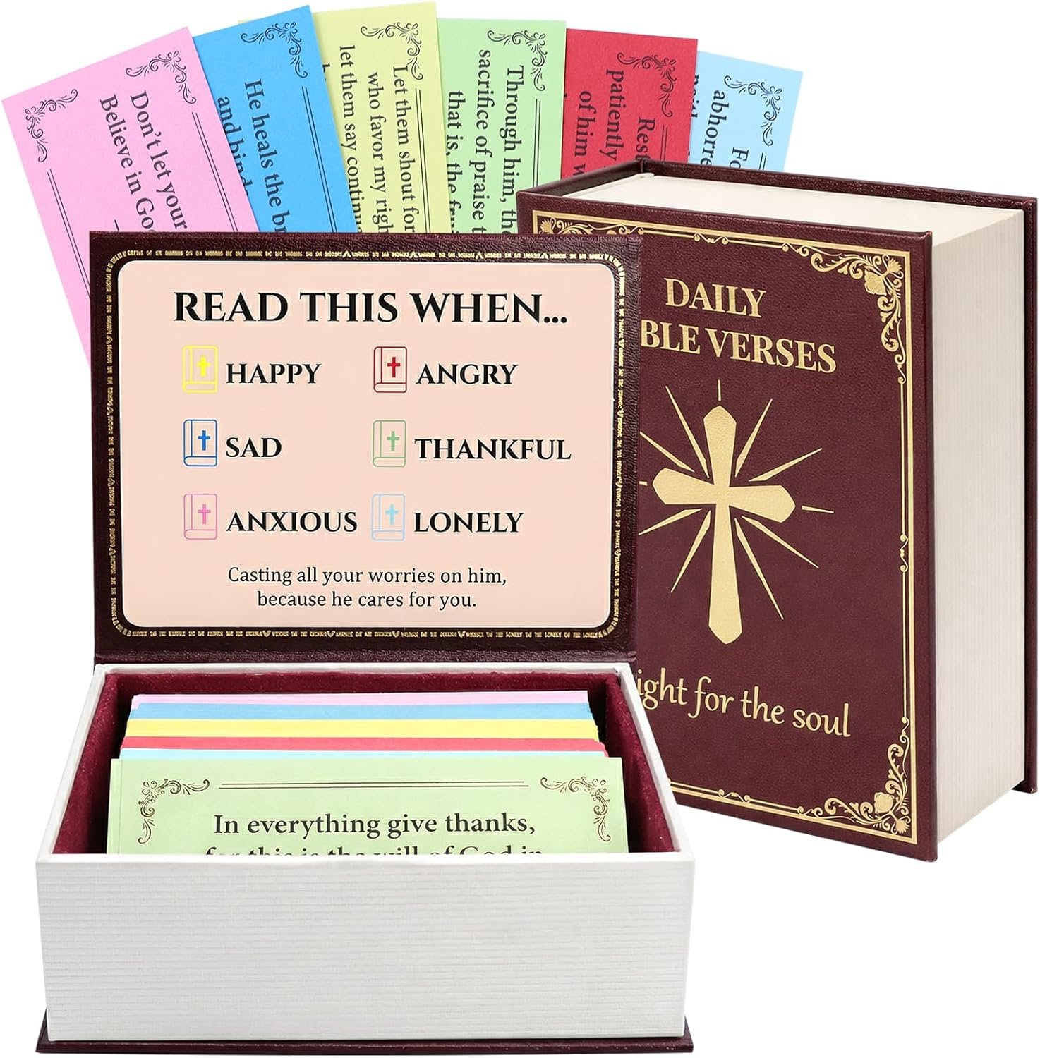 Bible Verse Box – 120 Color Coded Bible Verse Daily Bible Verse Cards for 6 Emotions – Faux Leather Cardboard velvet lining Christian Gift Box for Women Men Prayer Box