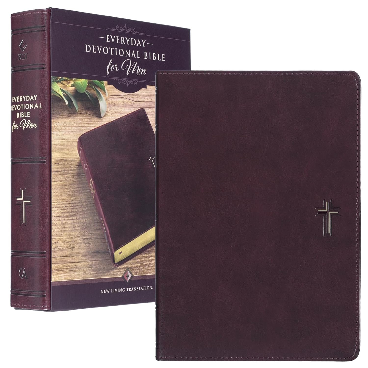 NLT Holy Bible Everyday Devotional Bible for Men New Living Translation, Walnut Brown Vegan Leather, Cross Emblem, Flexible Daily Bible Reading Plan Options (NLT Mens Devo Editions)
