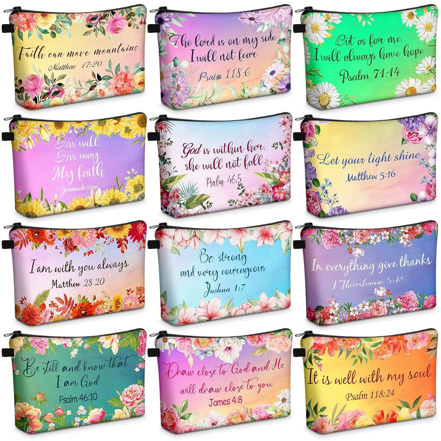 Chunful 12 Pcs Inspirational Christian Gifts Religious Makeup Bags Bulk for Women Bible Verse Flower Cosmetic Bag Mother’s Day Gift for Church Ladies, 7.48 x 4.72 Inch(Stylish)