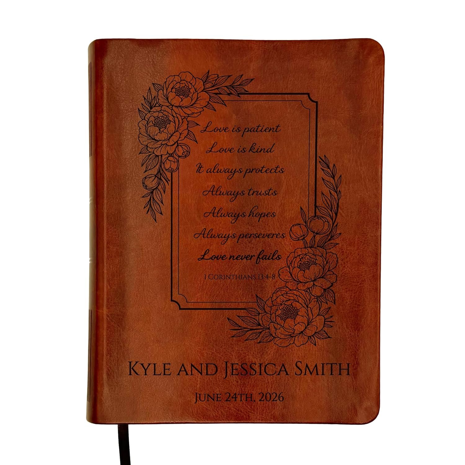 Personalized NLT Journaling Bible – Dark Brown LeatherLike | Filament Enabled | Custom Engraved Name | New Living Translation | 2.25” Wide Margins | Single Column Layout | Bible Journaling & Note-Taking (Floral Love is Patient)