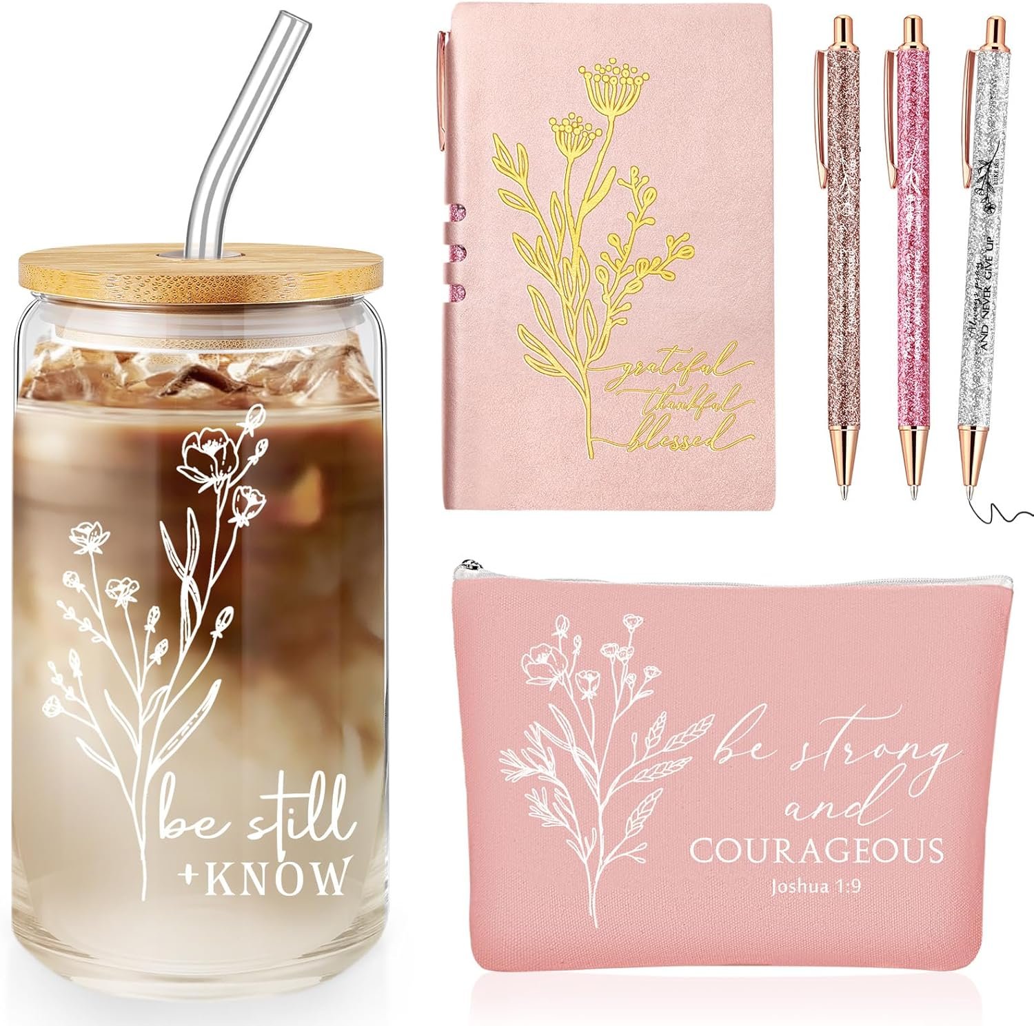 Funnymoom 6 Pcs Christian Gift for Women Faith Be Still and Know 16 oz Tumbler Aesthetic Cup A6 Leather Religious Journal Ballpoint Pen Makeup Bag for Church Sunday School Mothers Day Clergy Pastor