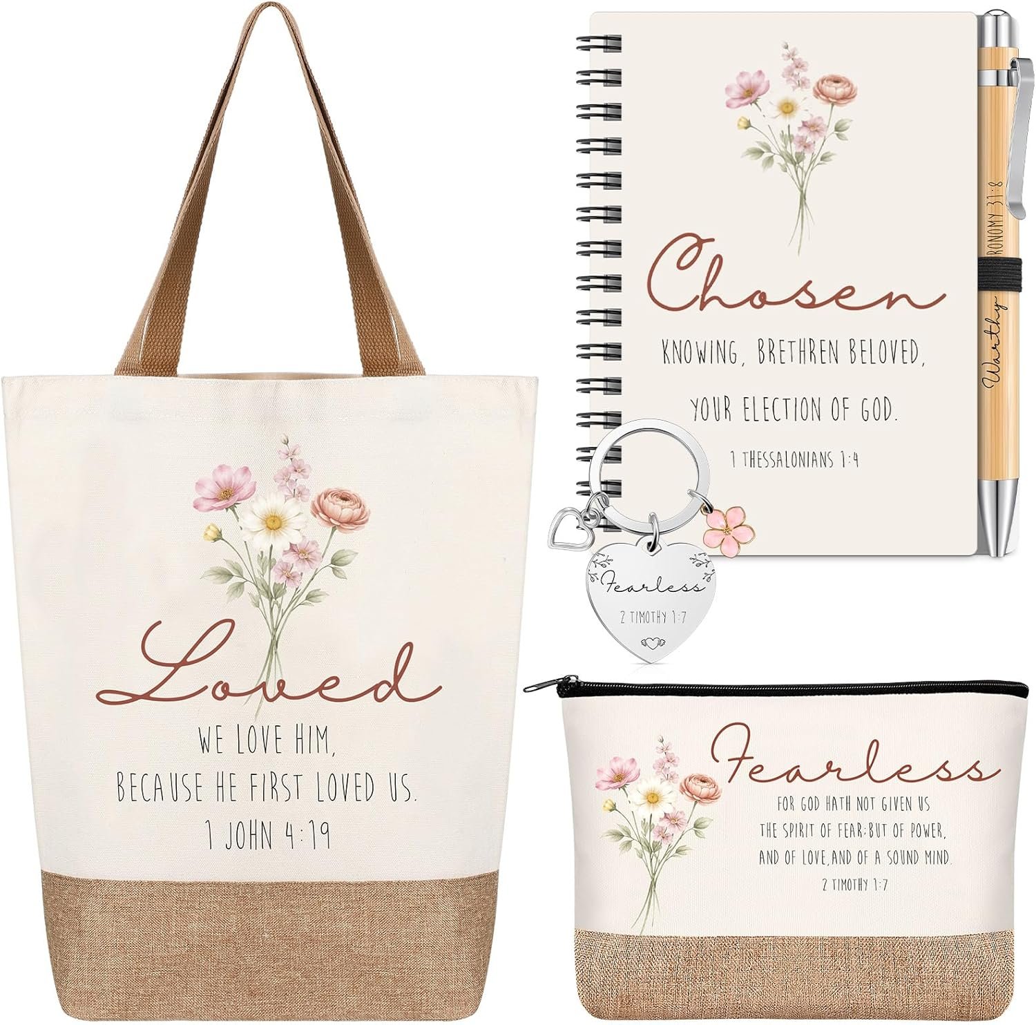 Motipuns 5 Pcs Christian Gift Religious Women Tote Bag Makeup Bag Notebook Keychain Ballpoint Pen Baptism Bible Verse Gifts