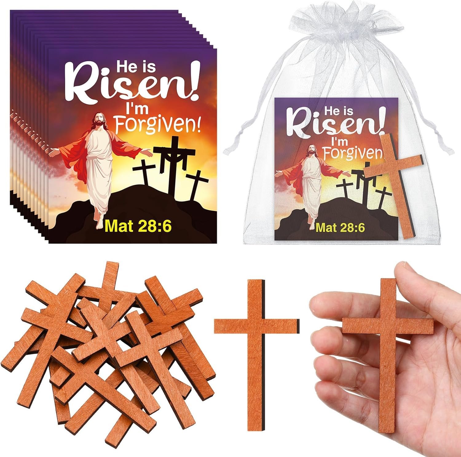 24 Pcs/12 Sets Easter Religious Cards with Wooden Crosses Include 12 He Is Risen Bible Gift Cards and 12 Christian Wooden Crosses for Easter Basket Church Group Gifts Party Favors