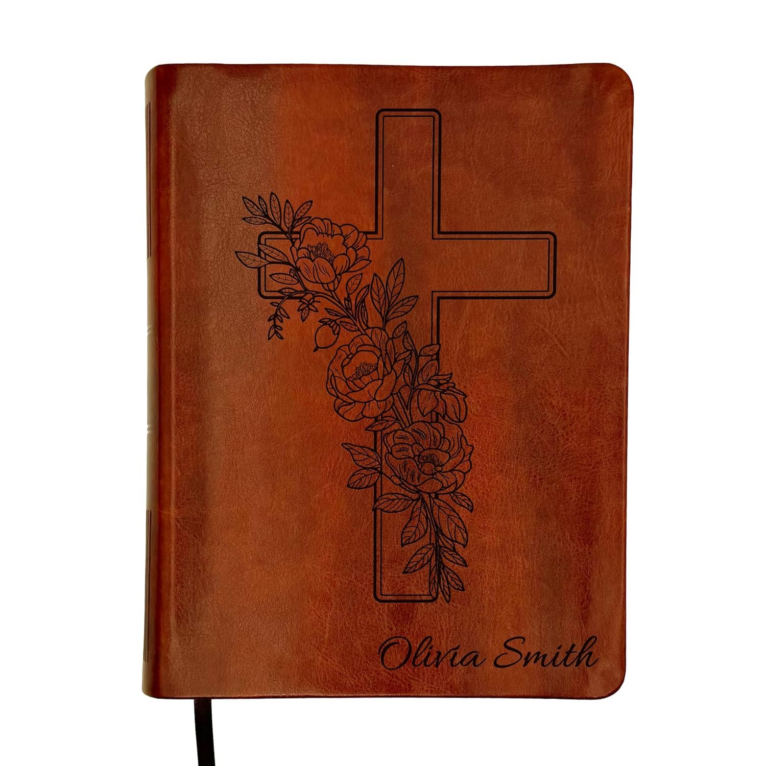 Personalized NLT Journaling Bible – Dark Brown LeatherLike | Filament Enabled | Custom Engraved Name | New Living Translation | 2.25” Wide Margins | Single Column Layout | Bible Journaling & Note-Taking (Peony Cross)