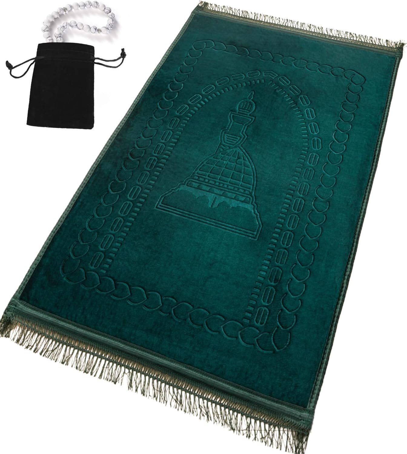 Prayer Rug Muslim Mat Islamic – Thick Large Padded Sajadah with Islam Prayer Beads for Eid Travel Ramadan, Soft Luxury Great for Knees and Forehead (Green R)