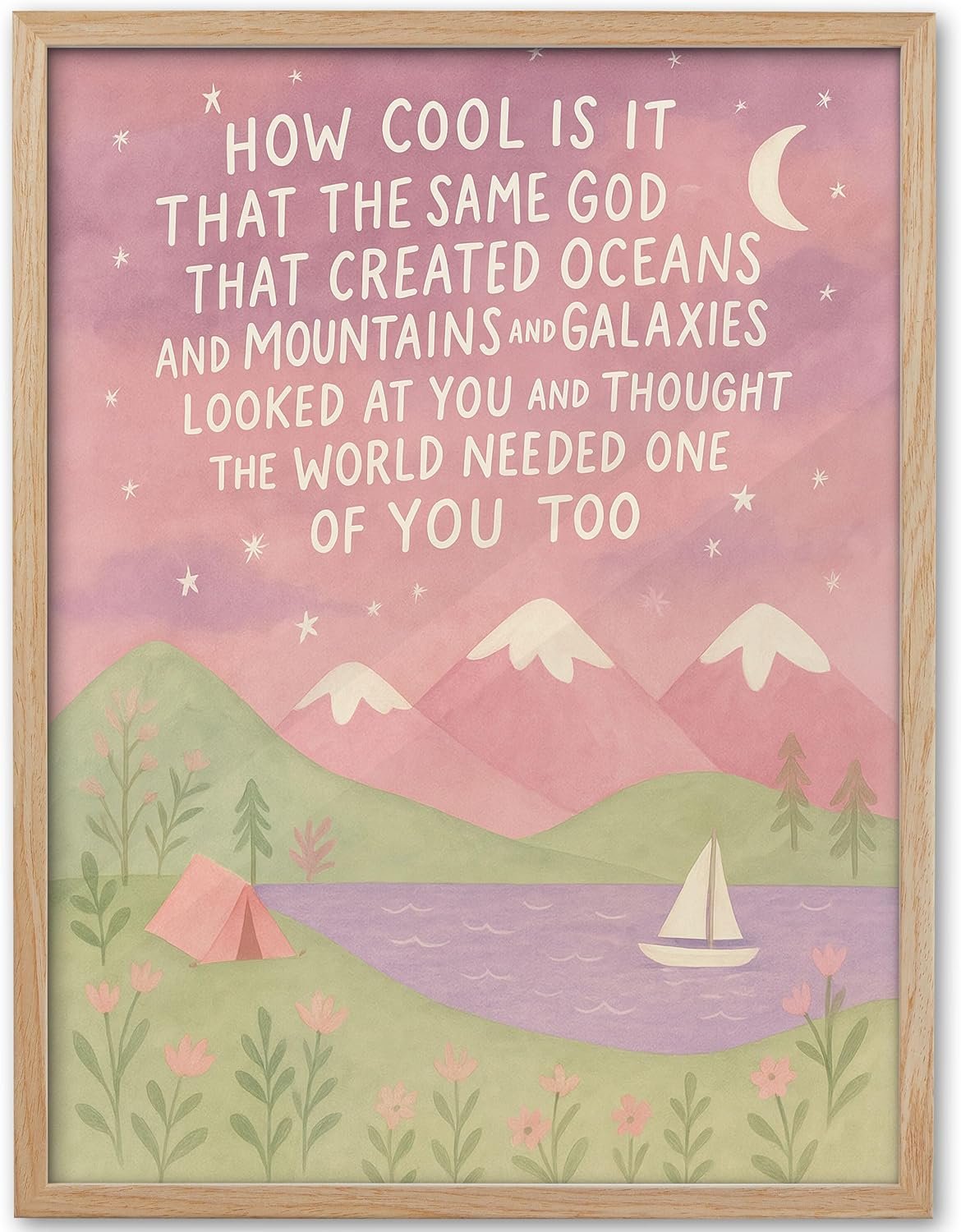 KensTro Natural OAK Wood Same God Creation Framed Wall Art,12x16in Inspirational Christian Bible Canvas Art,Mountain Nursery Decor,Pink Set of 1 for Christian Girl Bedroom Dorm for Girly Adoption Gift