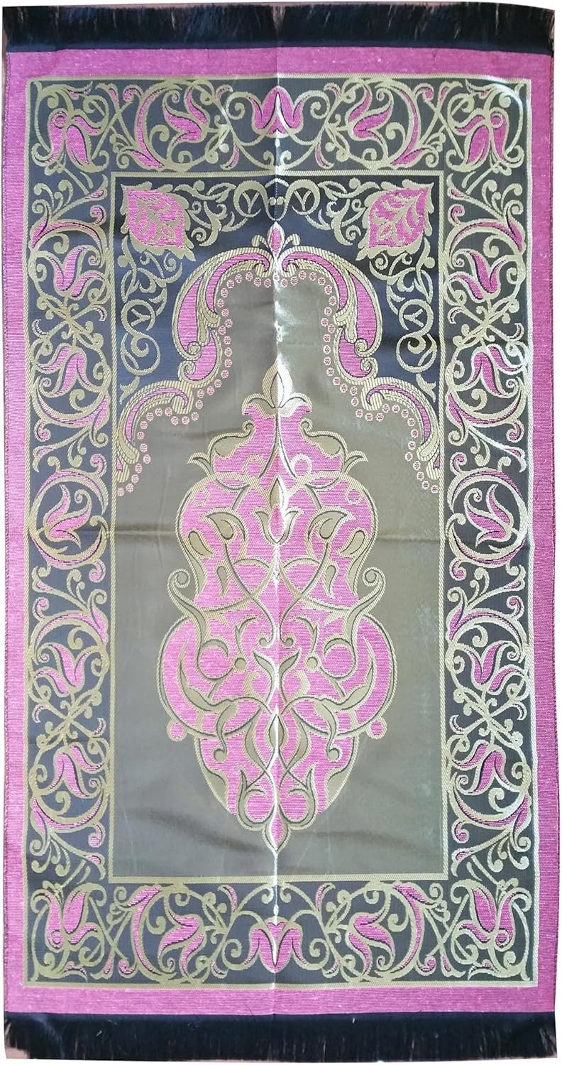 Aydin Extra Thin Pink, Black & Bronze Vines Arch Salat Namaz Mat – 26x45inch (65x114cm)