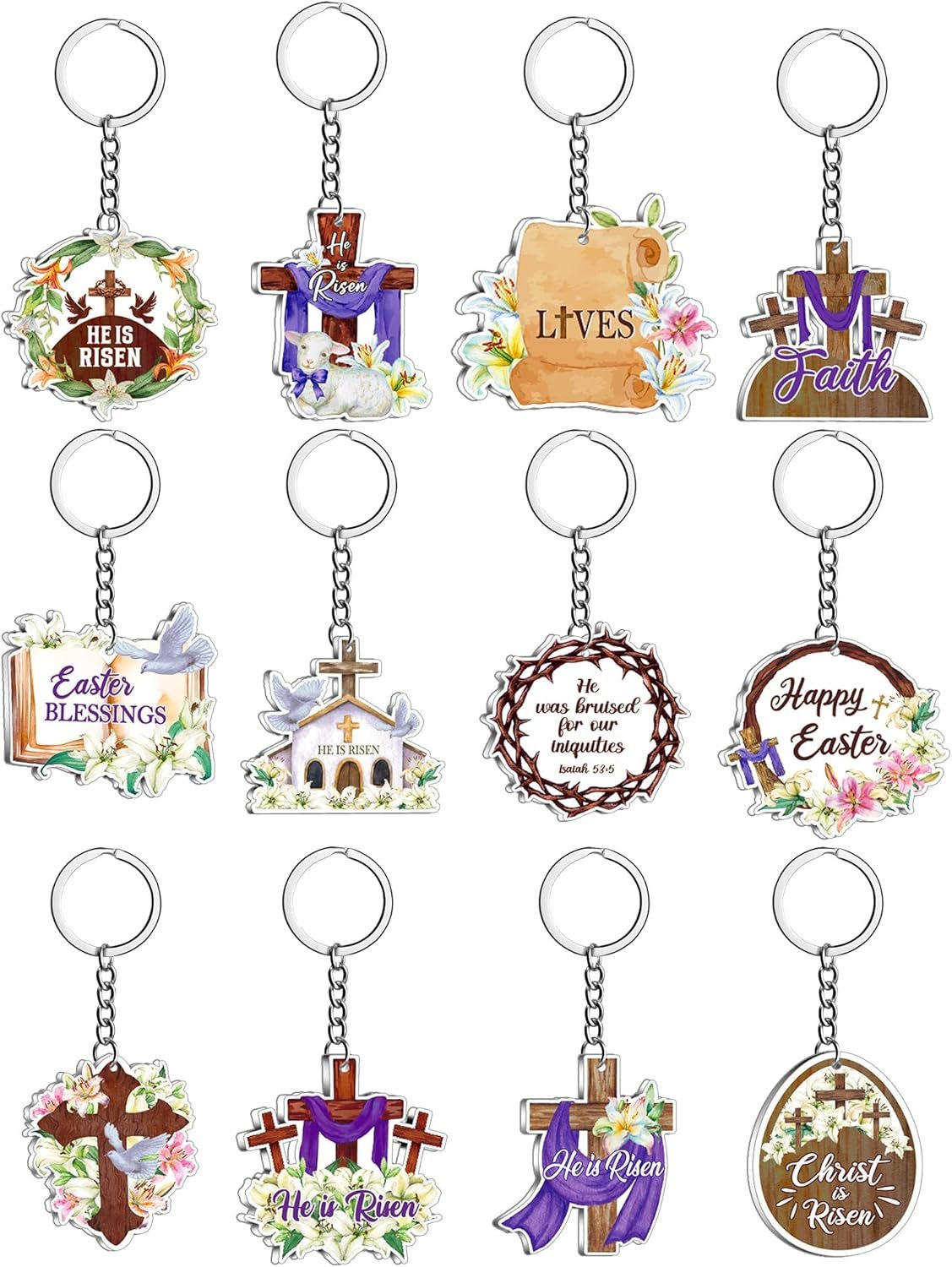 Ecally 60 Pcs Easter He Is Risen Keychains Bulk Acrylic Bible Verse Keychain Christian Religious Floral Gifts for Men Women