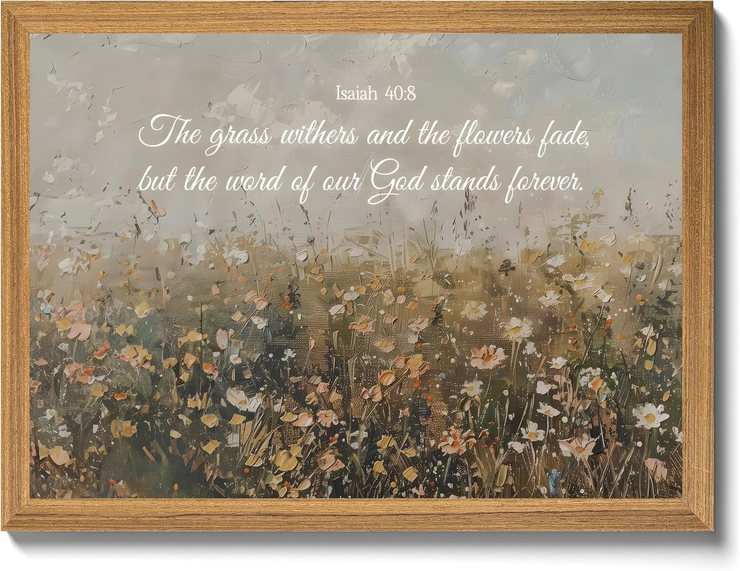 smvexyl Framed Christian Bible Verse Wall Art Canvas, Isaiah 40:8 Scripture Wildflower Meadow Painting Religious Wall Decor Faith Inspirational Picture for Living Room Bedroom Home Decoration 8×10 12×16 16×24
