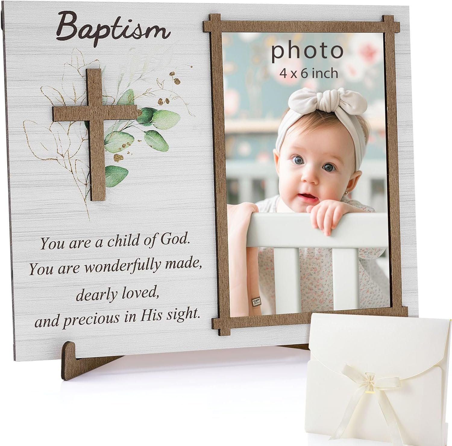 Wesiti Baptism Photo Frame with Gift Box 4 x 6 Inch Baptism Wooden Picture Frame Catholic Keepsake Gifts for Girl Boy Baby Shower Godchild New Baby Religious Christening Party Favors(Leaf)