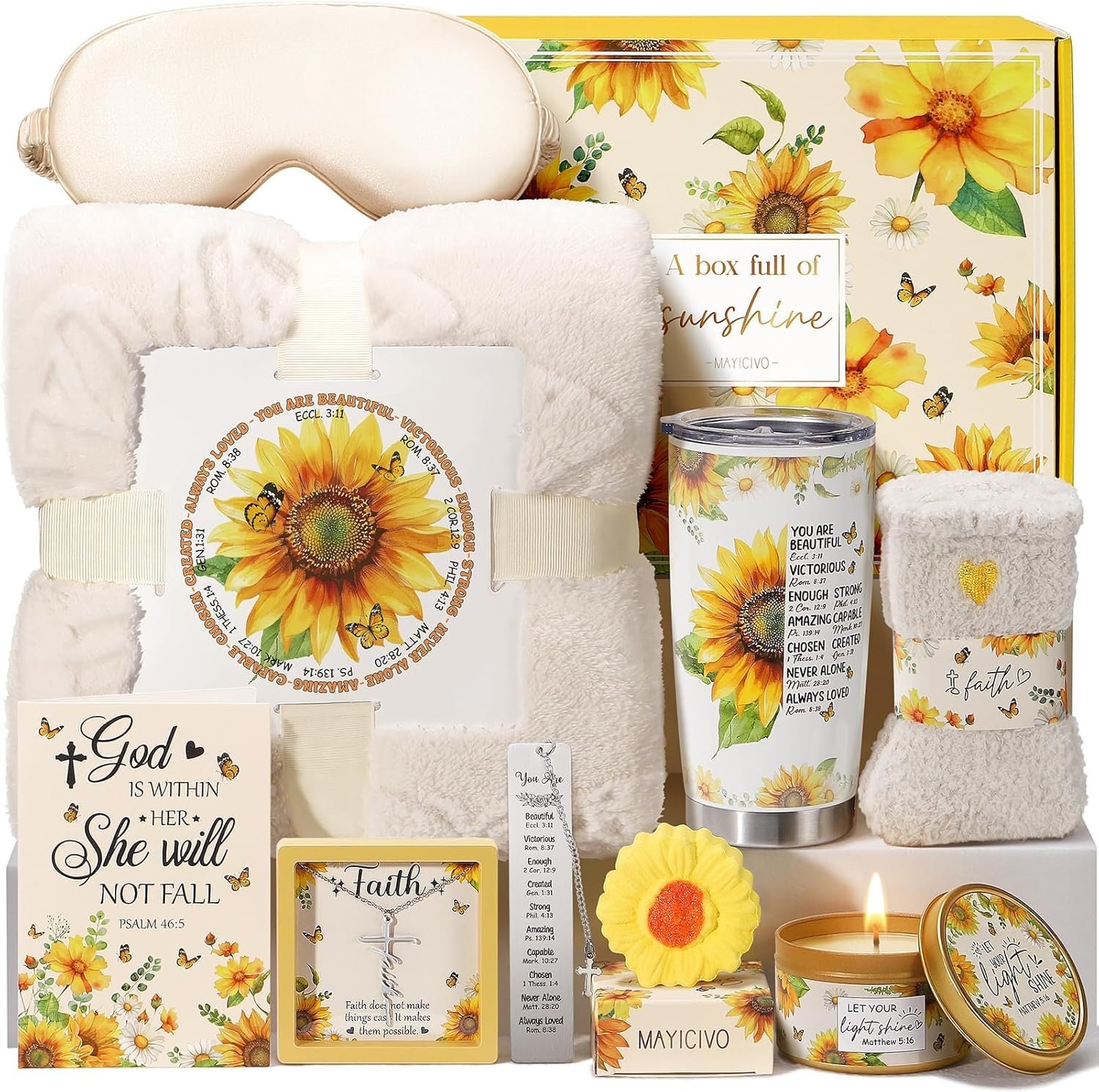 Christian Gifts for Women Faith, Religious Inspirational Sunflower Easter Gifts for Women, Catholic Spiritual Gift Birthday Gift Easter Basket for Womens Her Mom Sister Friend Grandma Wife w/ Blanket