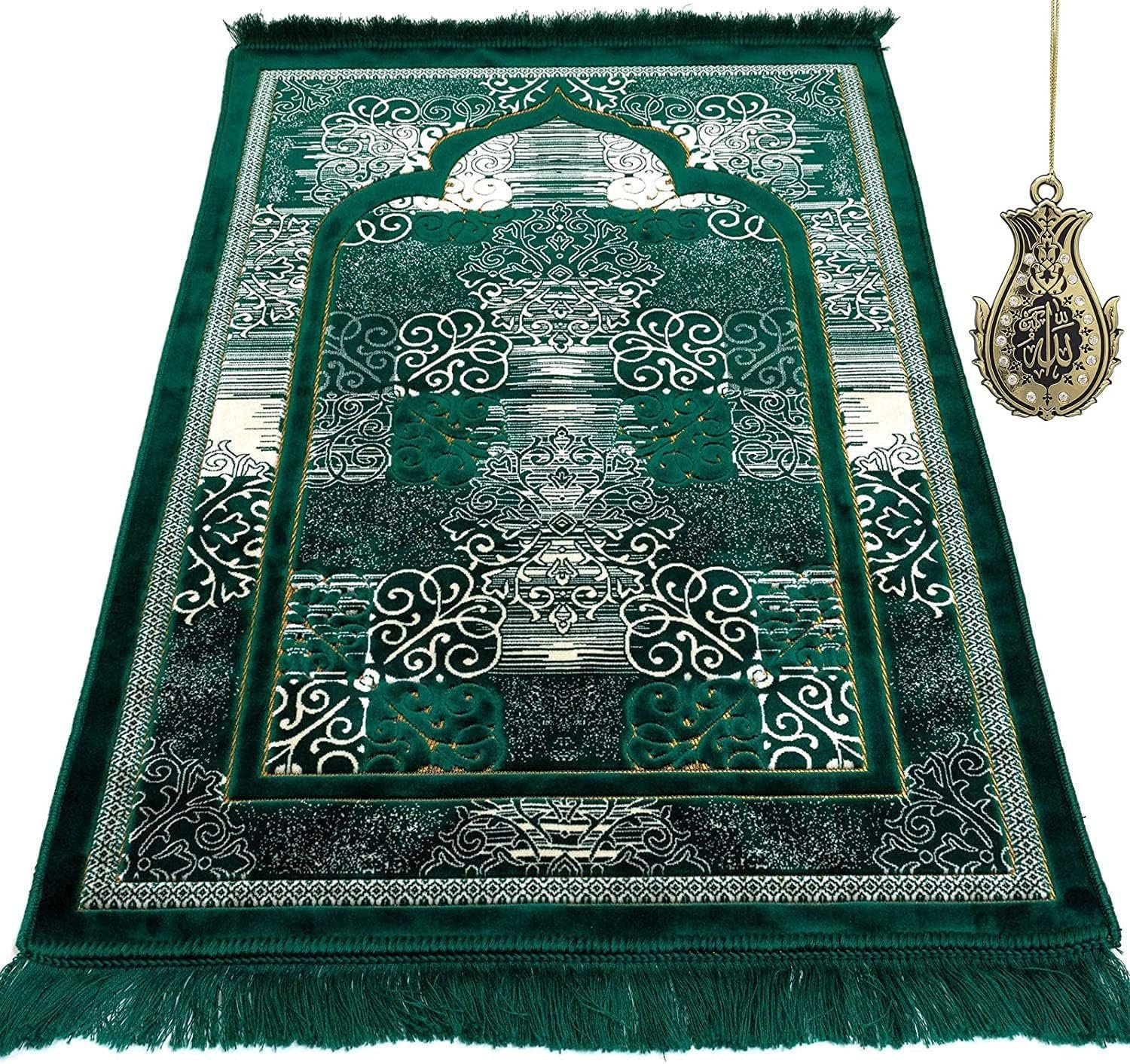 Modefa Prayer Mat | Turkish Velvet Muslim Prayer Rug Muslim Prayer Mat Islam | Soft Beautiful Prayer Rug Janamaz Sajjadah with Car Hanger | Classic Elegant Swirl (Green)