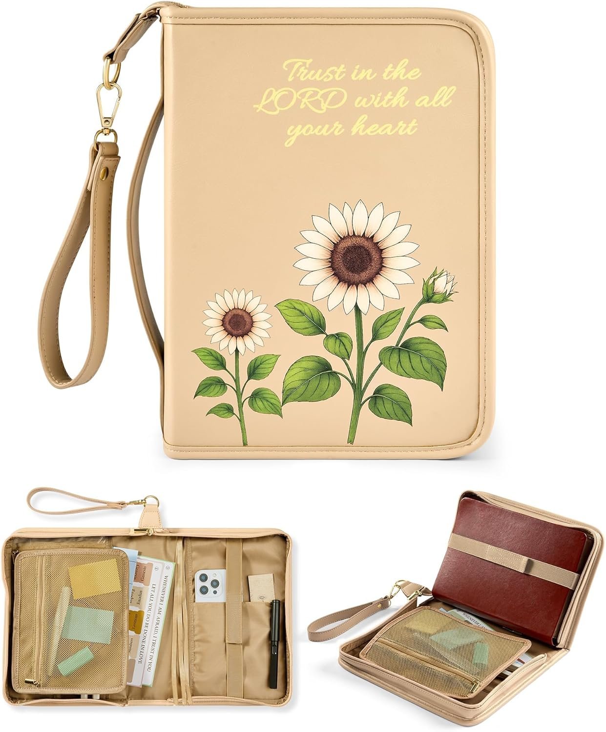 Bible Cover Case for Women, Large PU Leather Bible Bag with Multiple Pockets, Reinforced Handle and Wrist Strap, Zippered Organizer for Bible Study and Church, Gift for Her, Beige