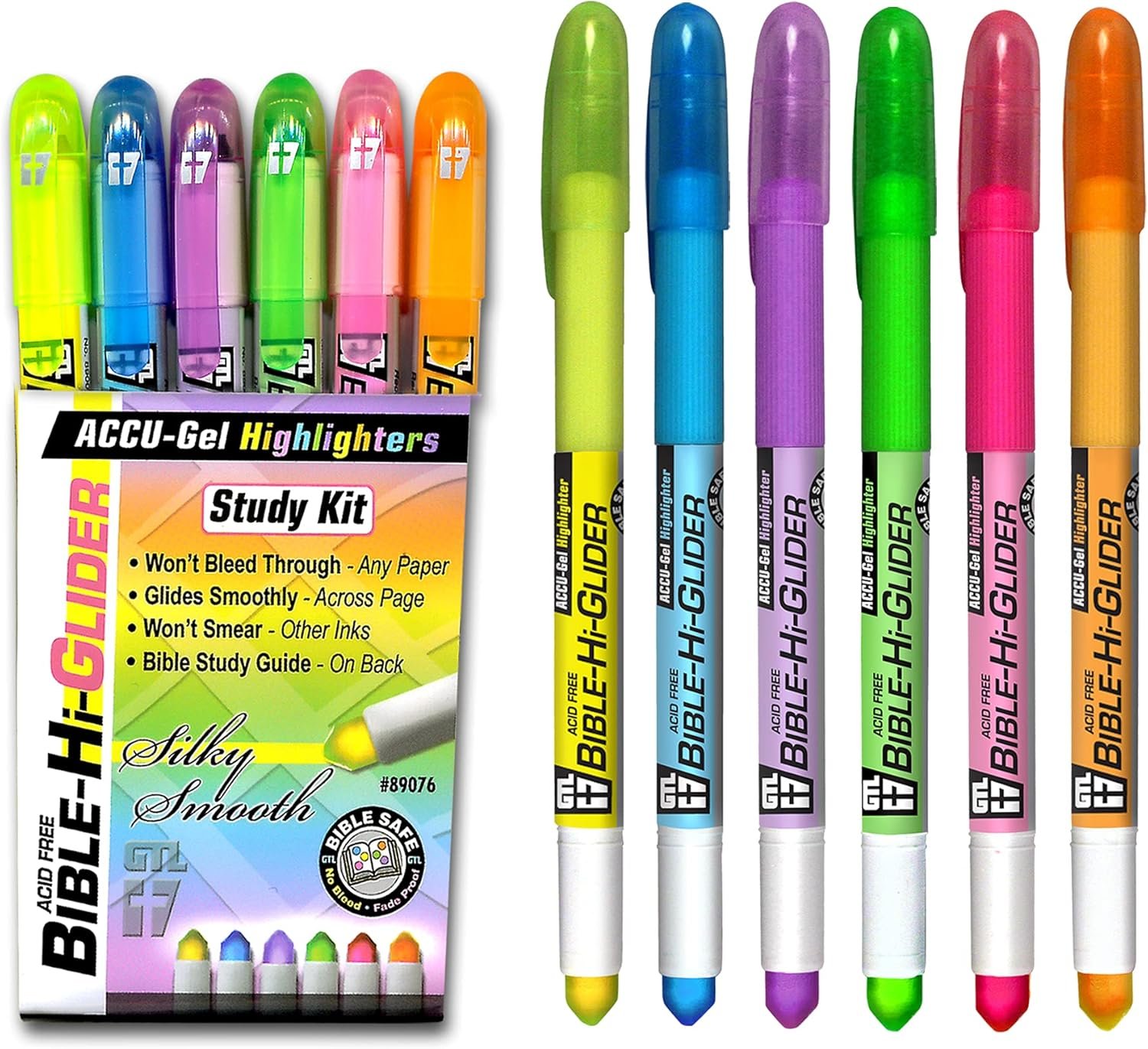 G.T. Luscombe Company, Inc. Accu-Gel Bible-Hi-Glider Bible Study Set | No Bleed Solid Gel Highlighter | No Smearing or Fading | Long Lasting Bright Translucent Colors (Set of 6)