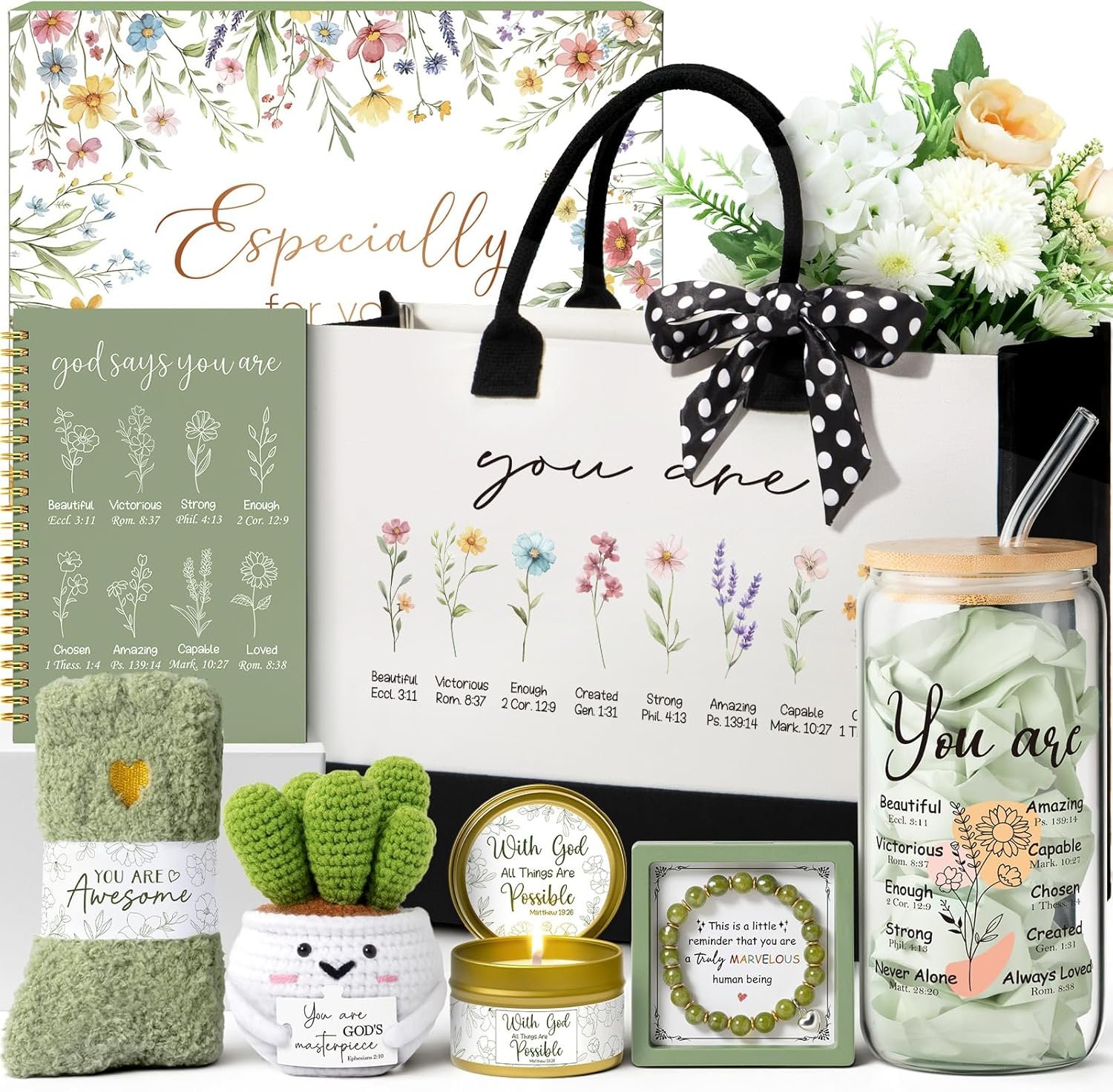 Christian Gifts for Christians Women Faith, Religious Inspirational Easter Gifts for Catholic Women, Spiritual Easter Basket Birthday Gift Set for Her Mom Sister Friend Grandma Wife w/ Canvas Tote Bag