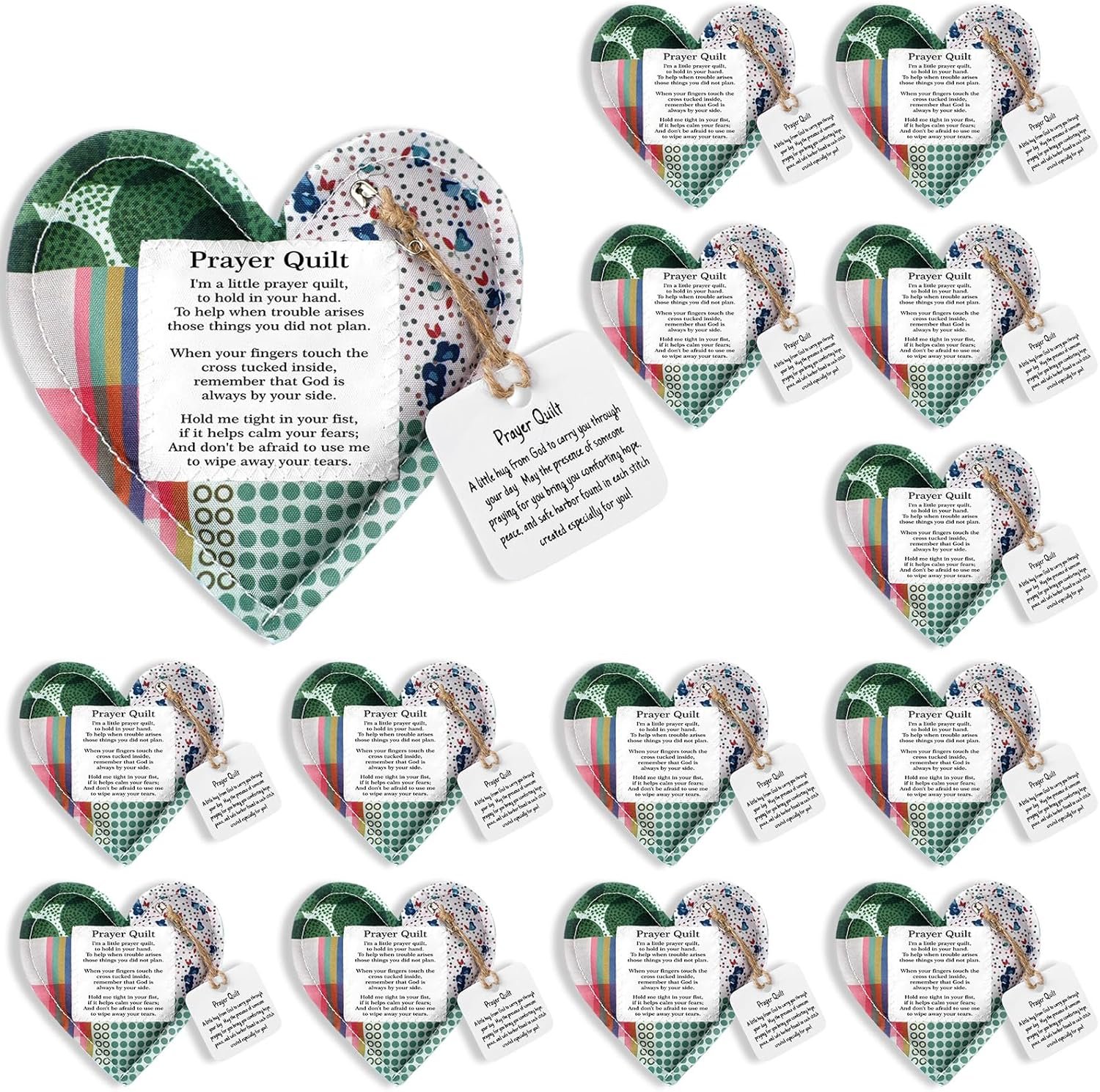 FuWeave 12 Pcs Christian Gift for Mother Faith Pocket Prayer Quilts with Wooden Cross Sympathy Spiritual Encouragement Heart Panel for Patient Religious Bible Church Scripture Recovery (Classic)