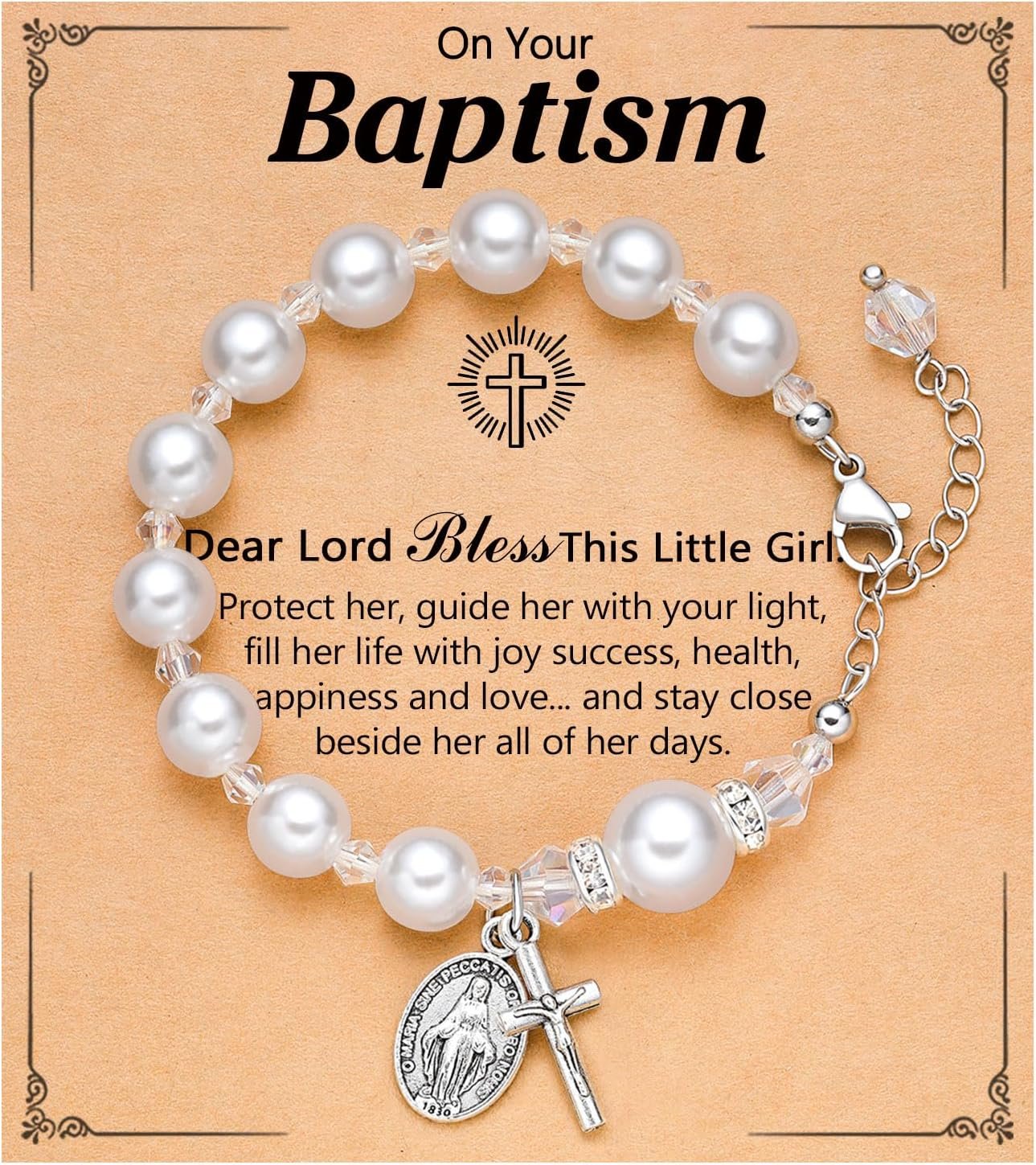 UNGENT THEM Rosary Cross Pearl Bracelet Baptism Communion Catholic Confirmation Easter Gifts for Girls Granddaughter Daughter Niece