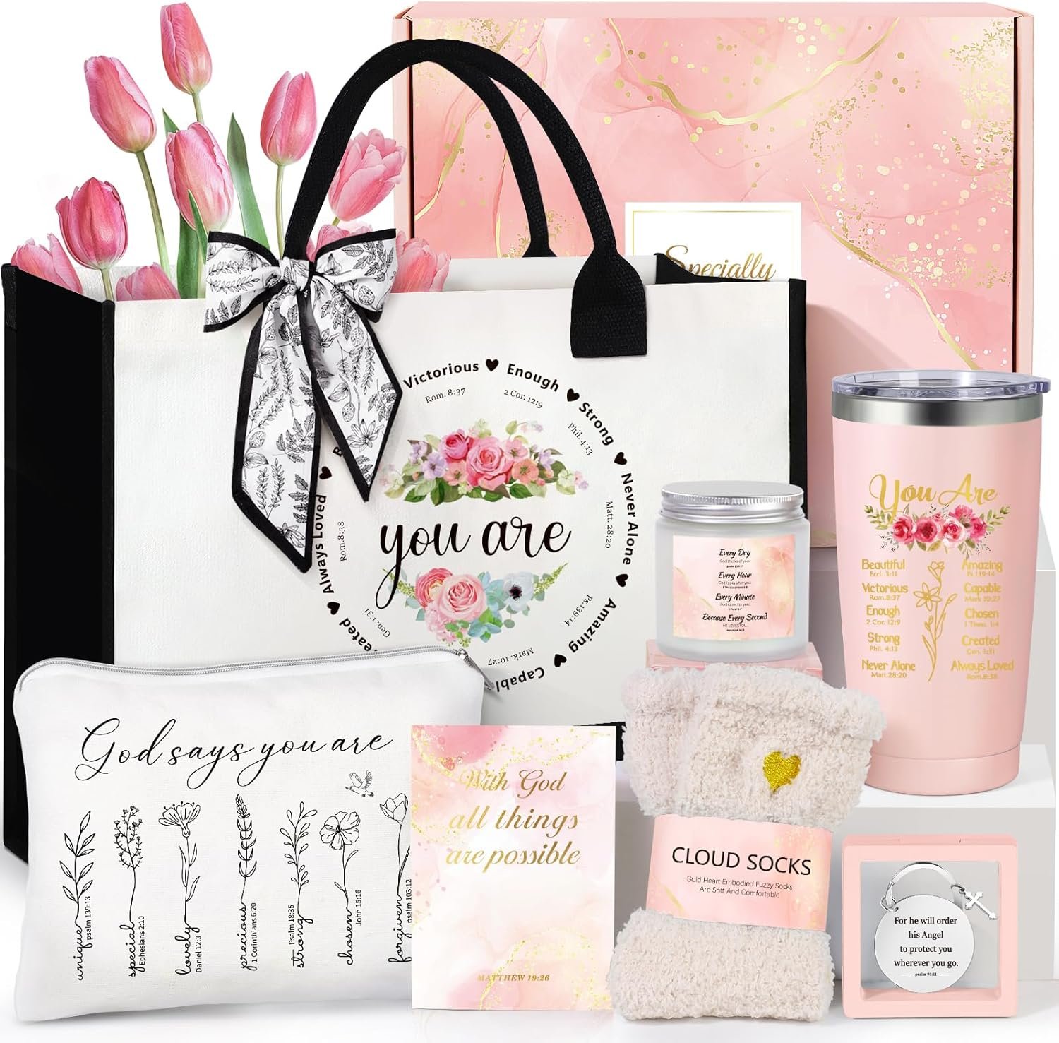 Suhctuptx Christian Gifts for Women, 8Pcs Faith Based Gift Religious Box for Women Catholic Christmas Gift Birthday Basket Inspirational Spiritual Bible Verse Set with Tote Bag for Mom Grandma Sister
