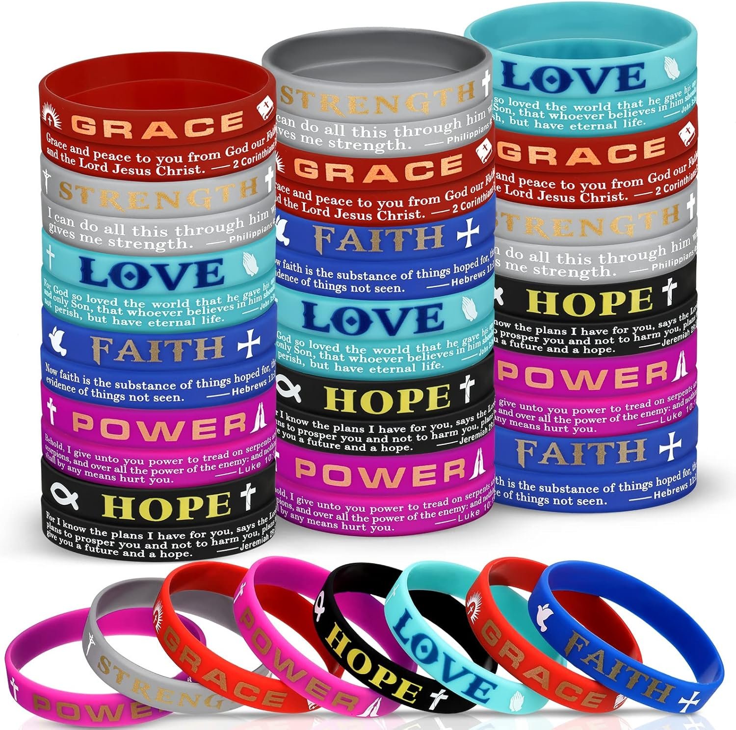 48 Pcs Christian Inspirational Bible Verses Bracelets Religious Silicone Wristbands Scripture Silicone Bracelets Hope Power Faith Strength Grace Love Wristbands for Men Women Teens