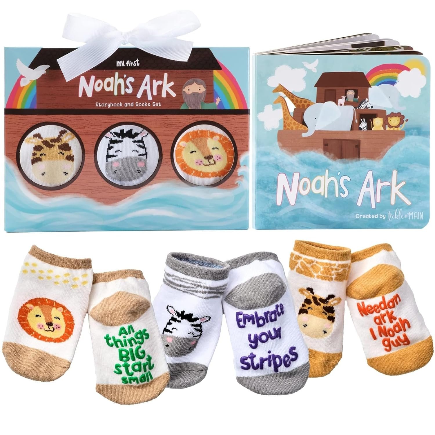 Tickle & Main Noah’s Ark Baptism Gifts for Boys Book & Sock Set – 0-12 Months, 4-Piece – Baptism Essentials & Storybook Combo