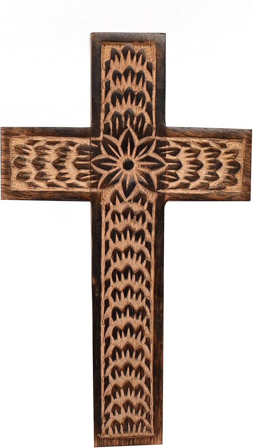 Samhita Mango Wood Wall Cross, Jesus Christ Floral Carving Family Cross Decor,Home Decoration (10″ x 6″ x 0.5″)