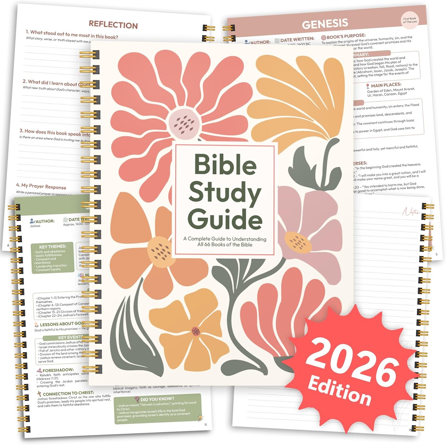 Floral Bible Study Guide for Women, Spiral Journaling Bible, Beginner-Friendly Christian Devotional Journal, Easy to Understand Study of All 66 Books with Life Application, Christian Gifts for Women