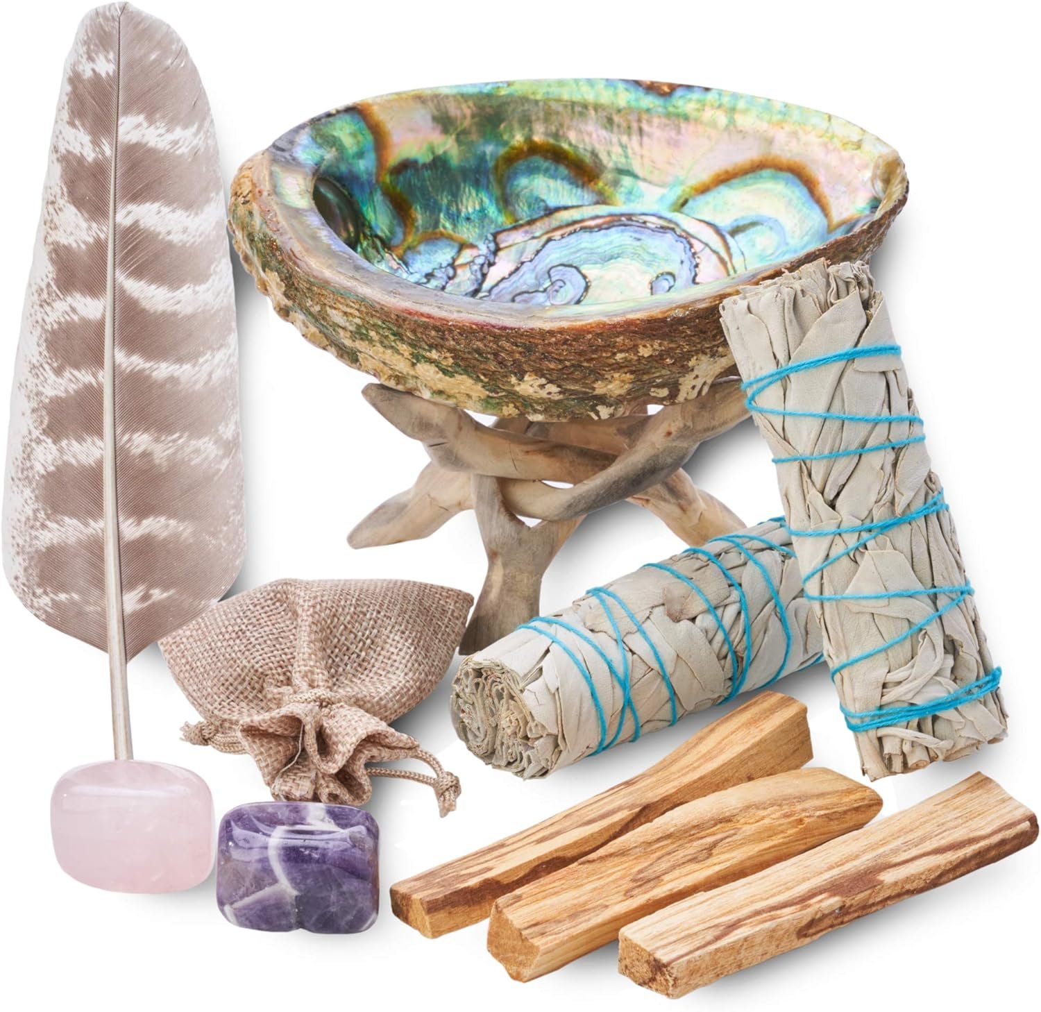 Home Cleansing & Smudging Kit with White Sage, Palo Santo, Abalone & Stand, Smudge Feather & Guide – Smudge Kit with Sage Smudge Sticks